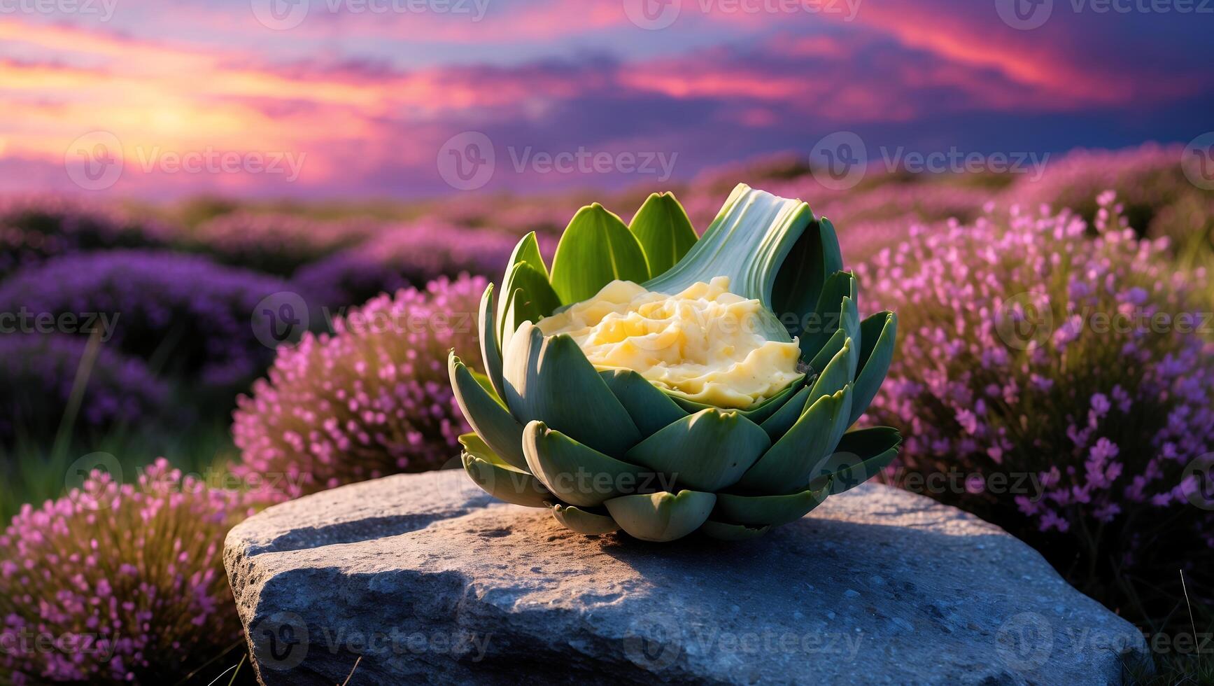 Artichoke with Filling Placed on Stone in Lavender Field photo