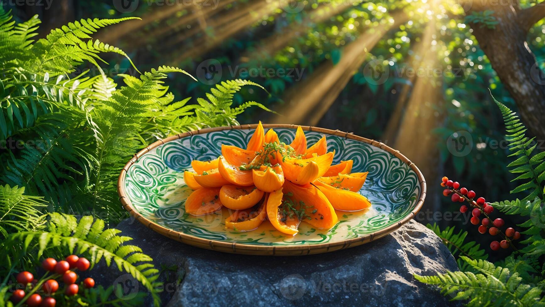 Serving Prepared Tropical Fruit on Decorative Plate Outdoors in Nature photo