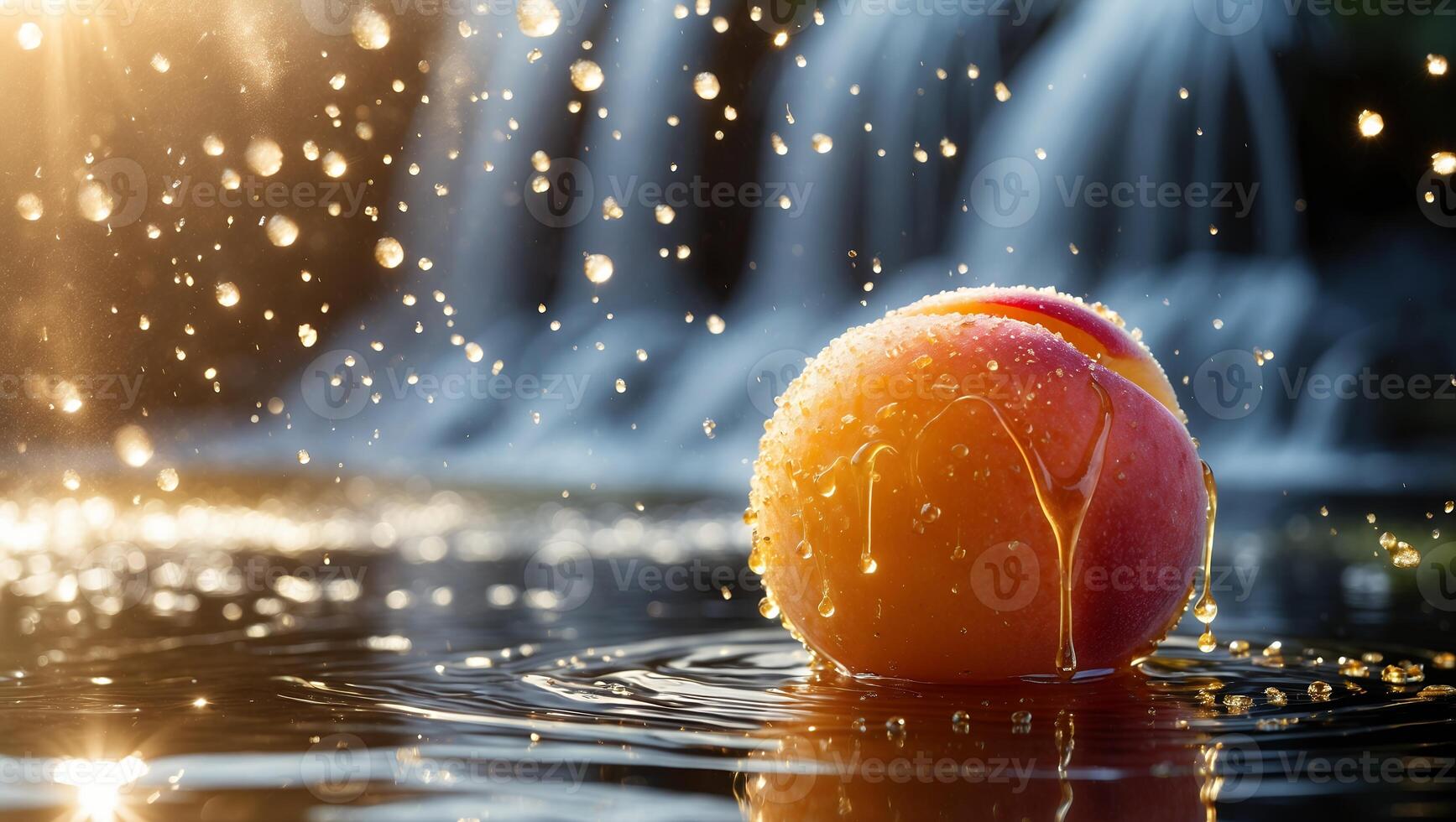 Peach in Water with Dripping Liquid Against Waterfall Backdrop photo