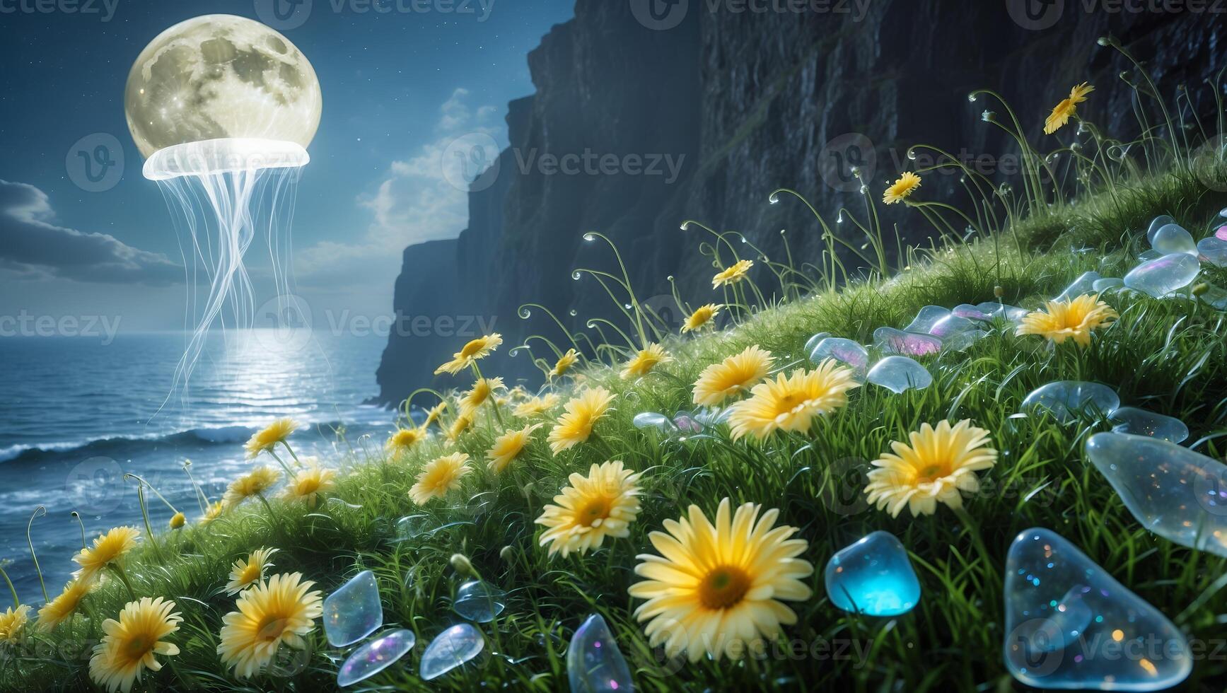 Coastal Meadow Blooms with Floating Moon and Sparkling Water Drops photo