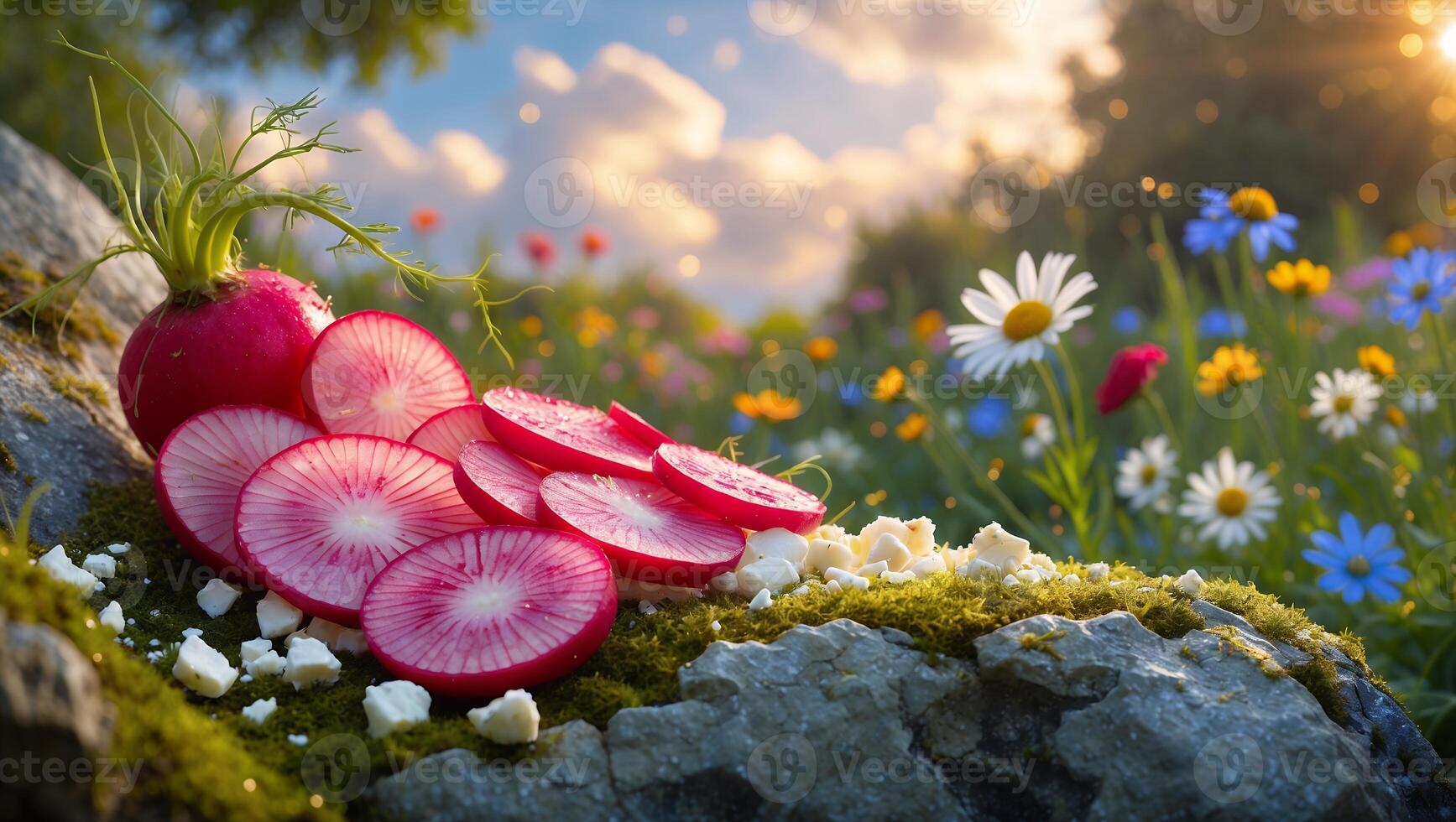 Radish Slices and Crumbled Cheese Resting on Mossy Rock in Meadow photo
