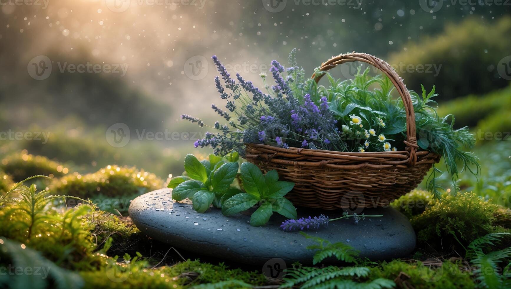 Basket of Herbs Sits on a Stone in a Mossy Garden photo