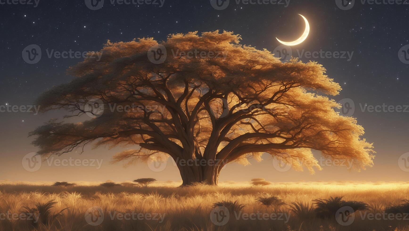 Solitary Tree Under Crescent Moon at Night in Grassy Field photo