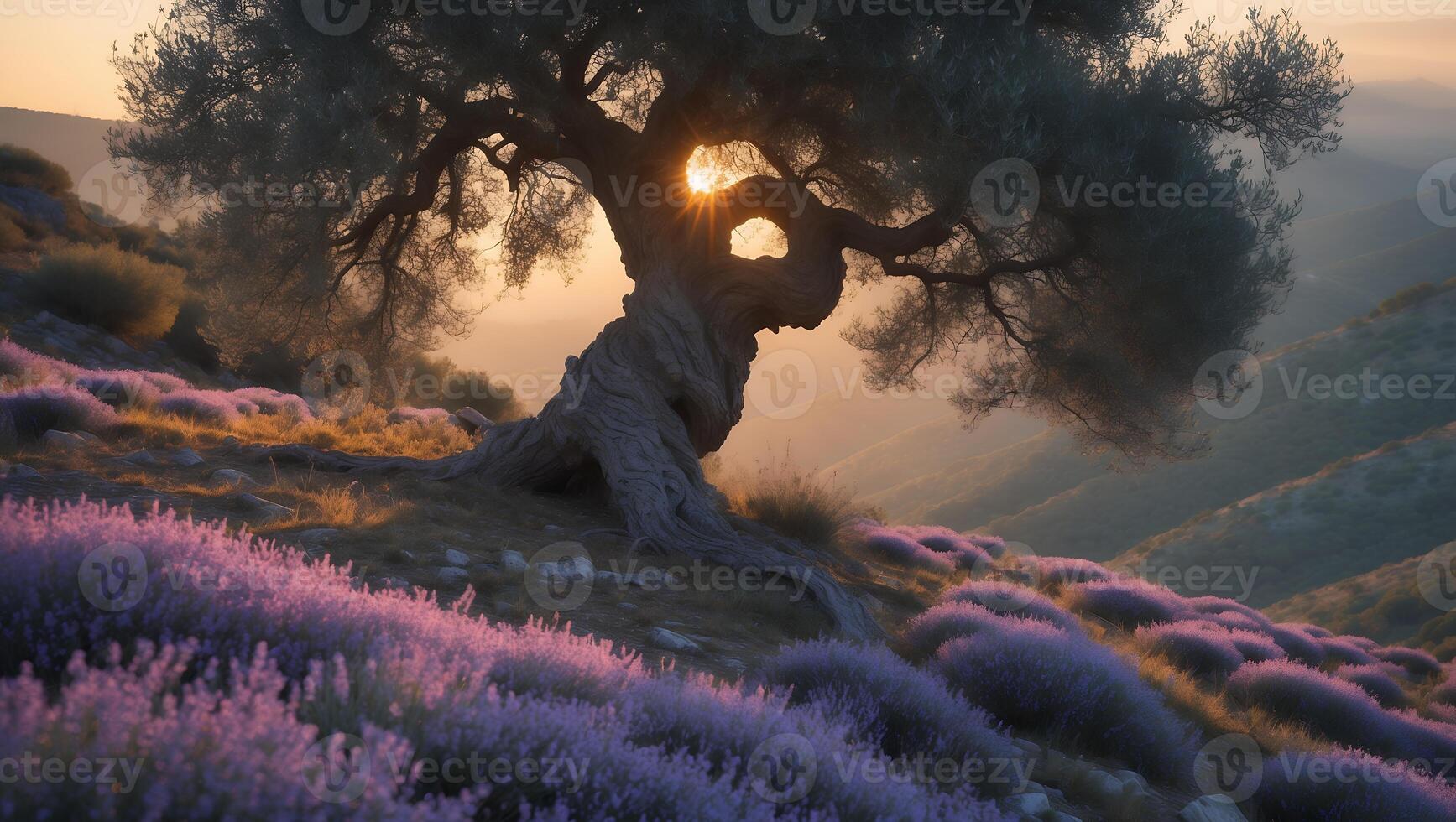 Ancient Tree and Lavender Field at Sunset Scenic Nature Landscape photo