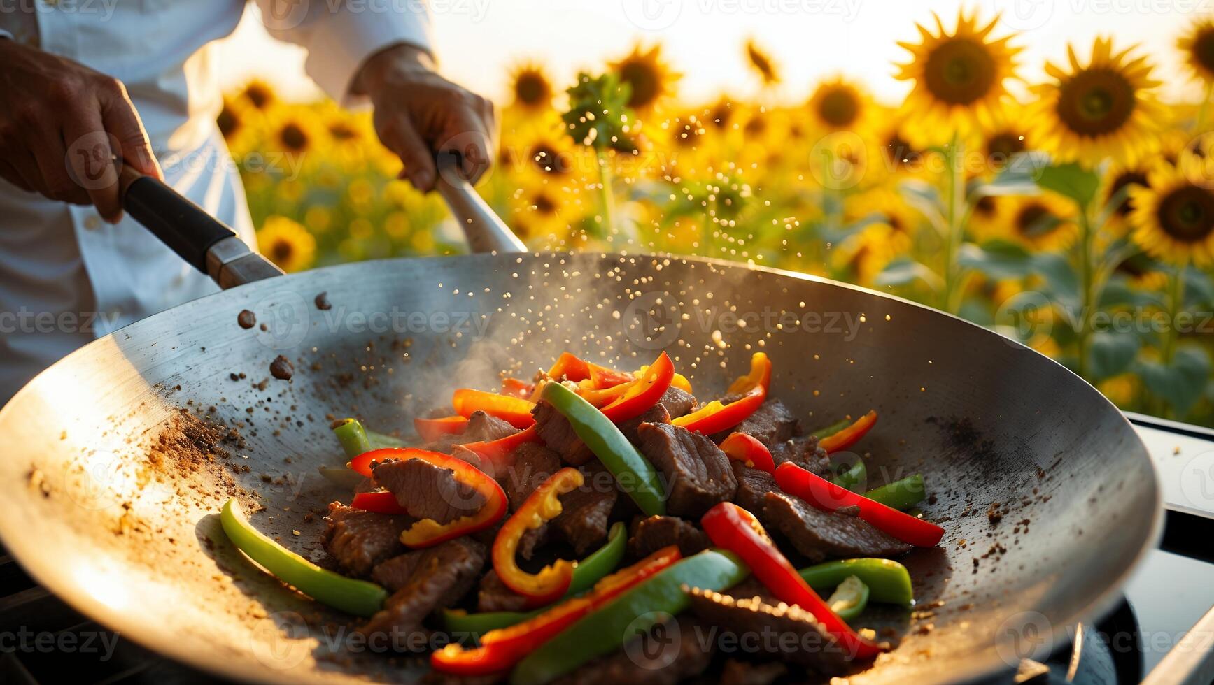 Chef Cooking Stir Fry with Vegetables in Wok Over Sunflower Field photo