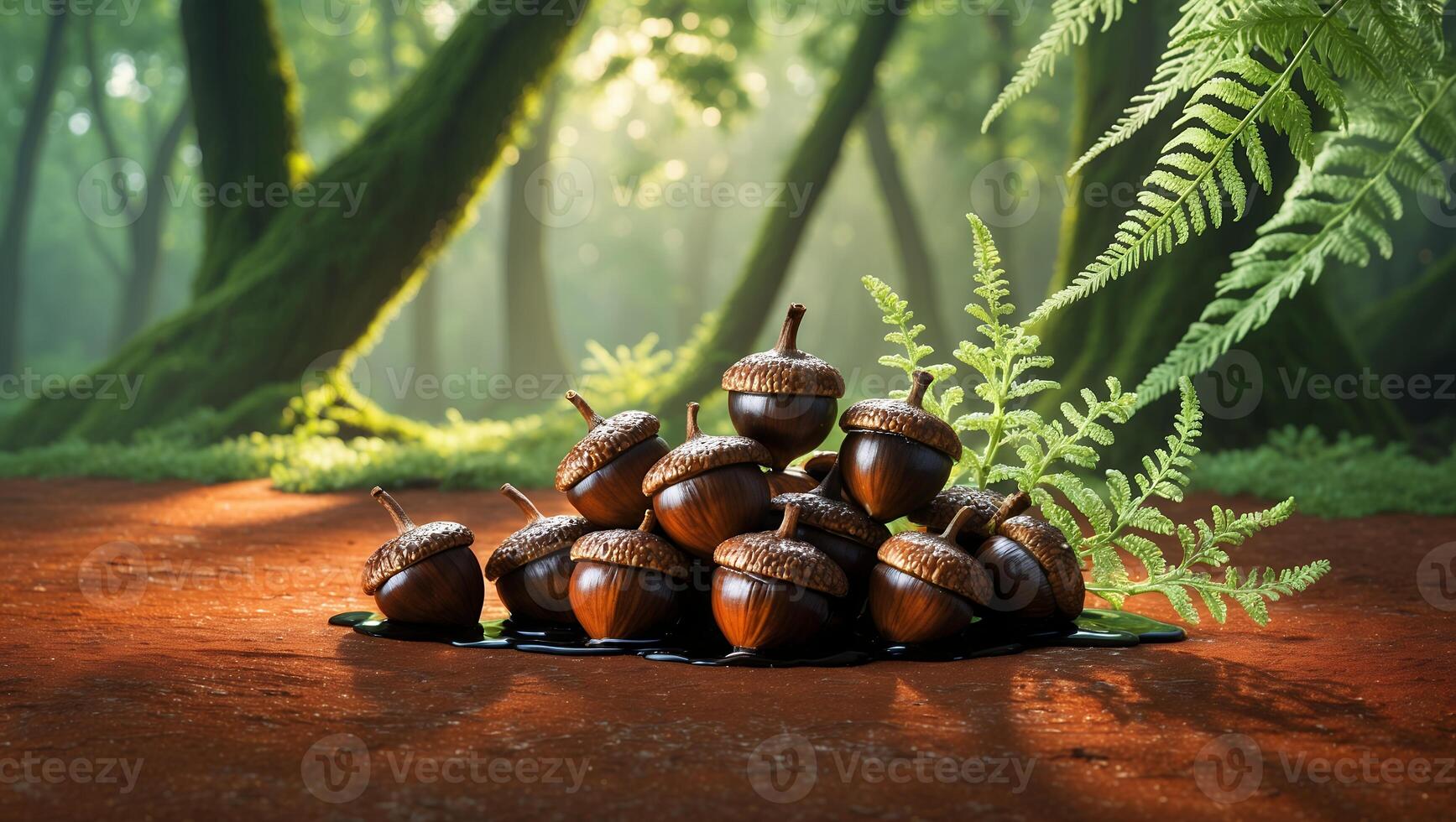 Pile of Acorns Resting on Forest Floor with Fern Fronds photo