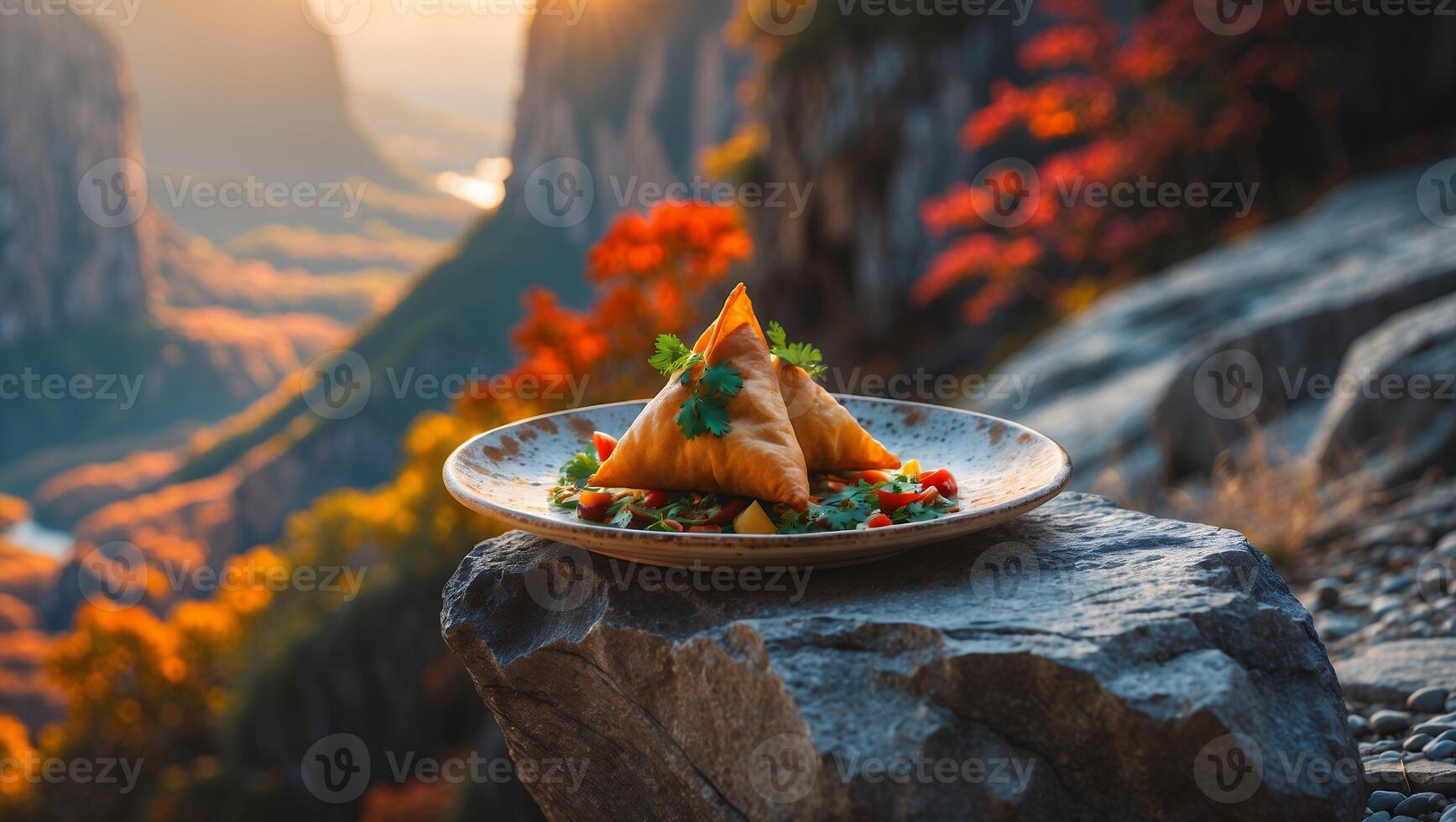 Serving Triangle Pastry Appetizers on Cliff Overlooking Canyon Landscape photo