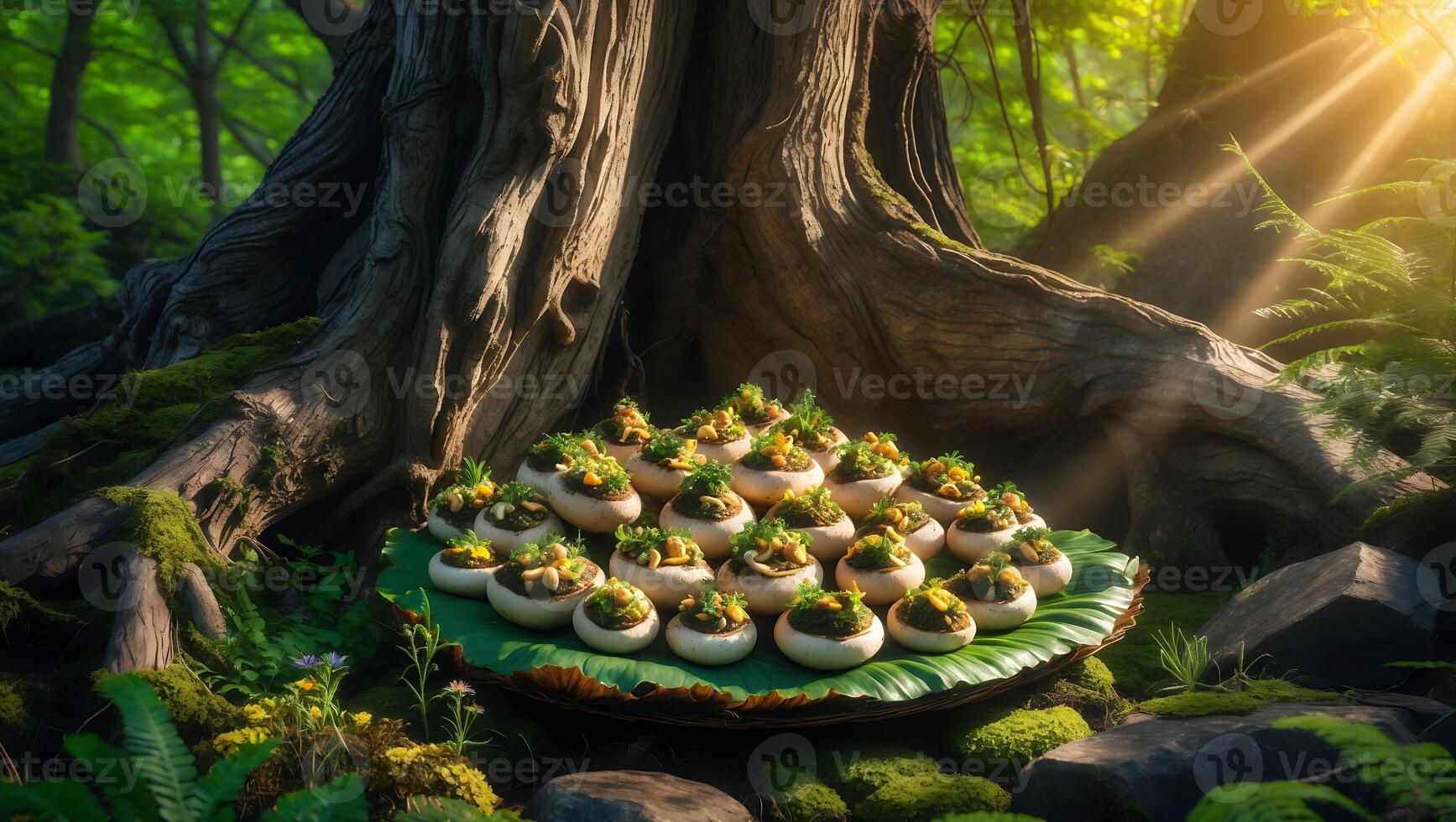 Mushroom Appetizers on Leaf Platter in Woodland Setting with Sunlight photo