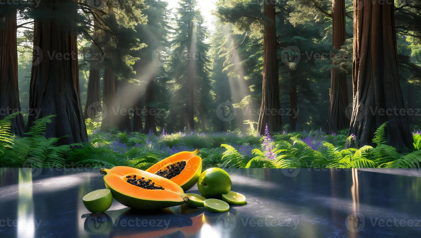 Papaya and Lime Displayed with Forest and Sun Rays Backdrop photo