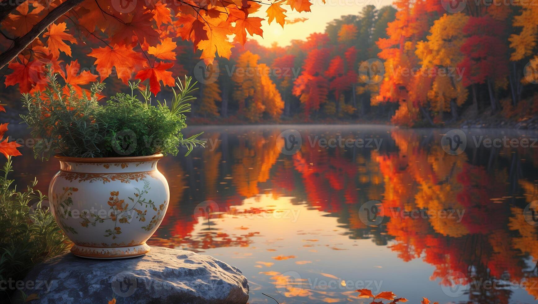 Autumn Foliage Reflected on Calm Lake with Potted Plant Detail photo