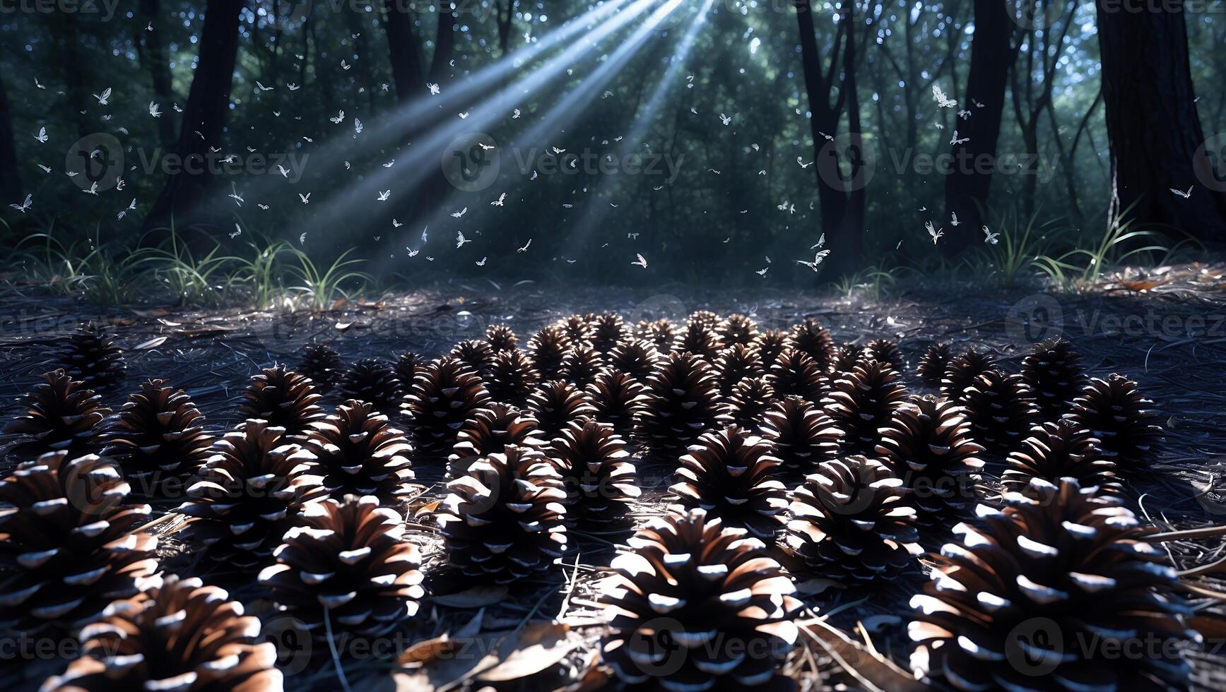 Pine Cones Gathering in Forest with Sunlight Streaming Through Trees photo