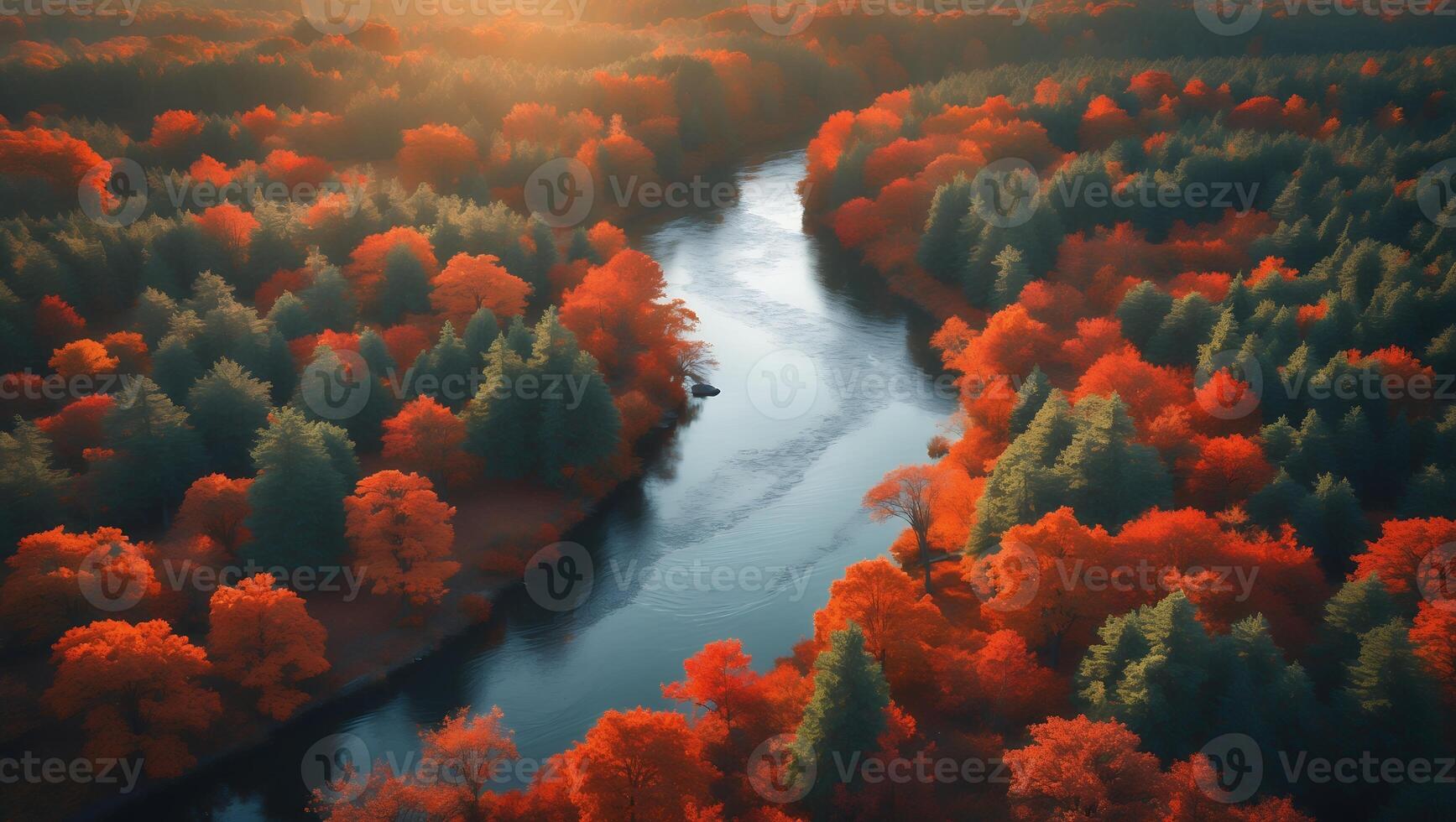 Aerial View of River Flowing Through Forest with Autumn Foliage photo