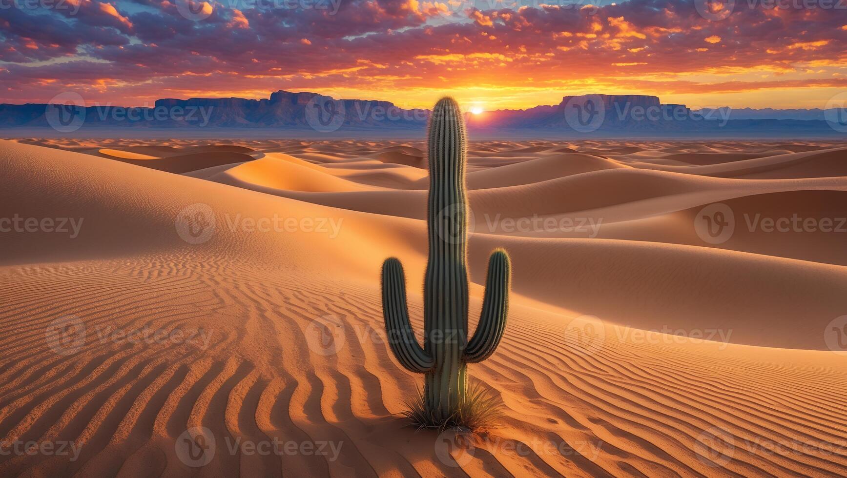 Cactus Standing Tall in Desert Landscape at Sunset with Vibrant Sky photo