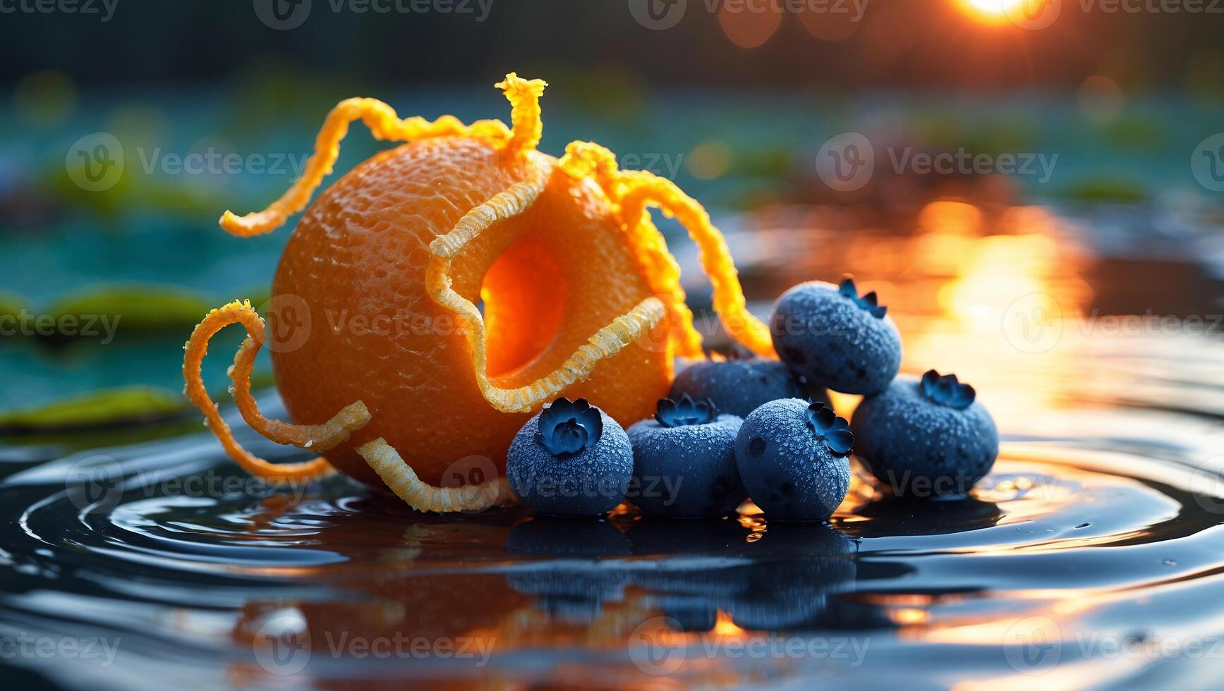 Orange with Peeled Skin and Blueberries in Water at Sunset Time photo