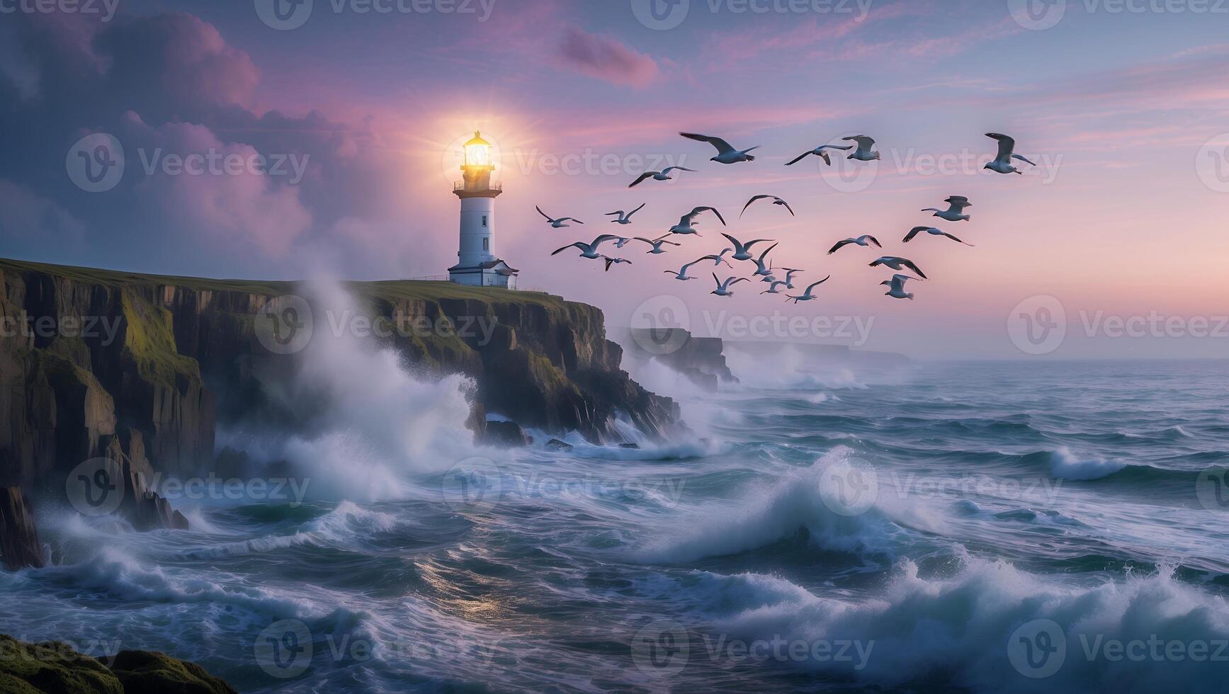 Lighthouse on Cliffside with Birds Flying Over Rough Ocean Waves photo