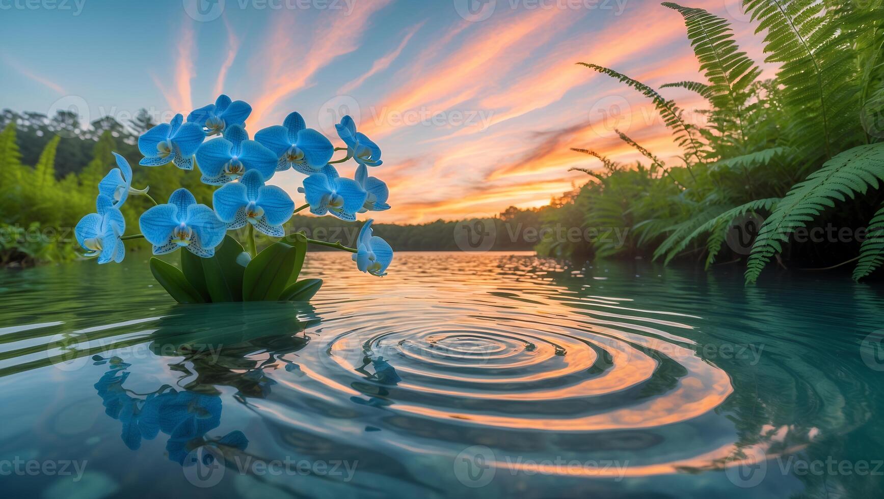 Blue Orchid Blooming in Lake Creating Ripples During Sunset photo