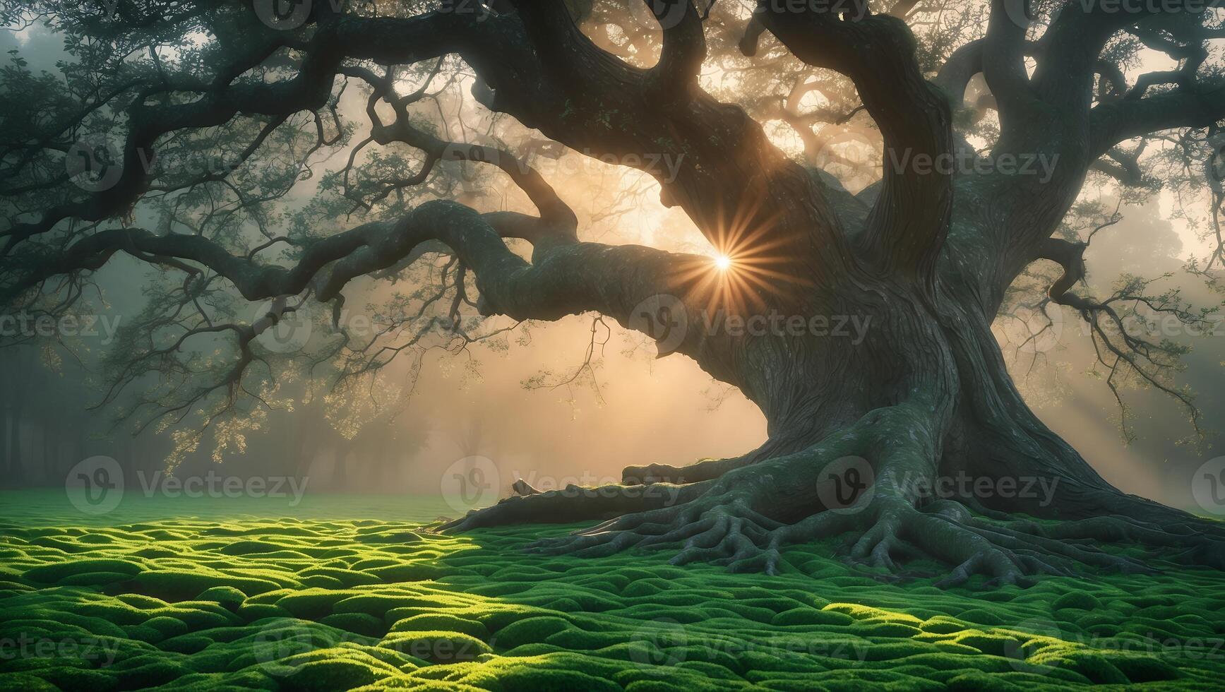 Majestic Tree with Sun Rays Shining Through Branches on Green Lawn photo