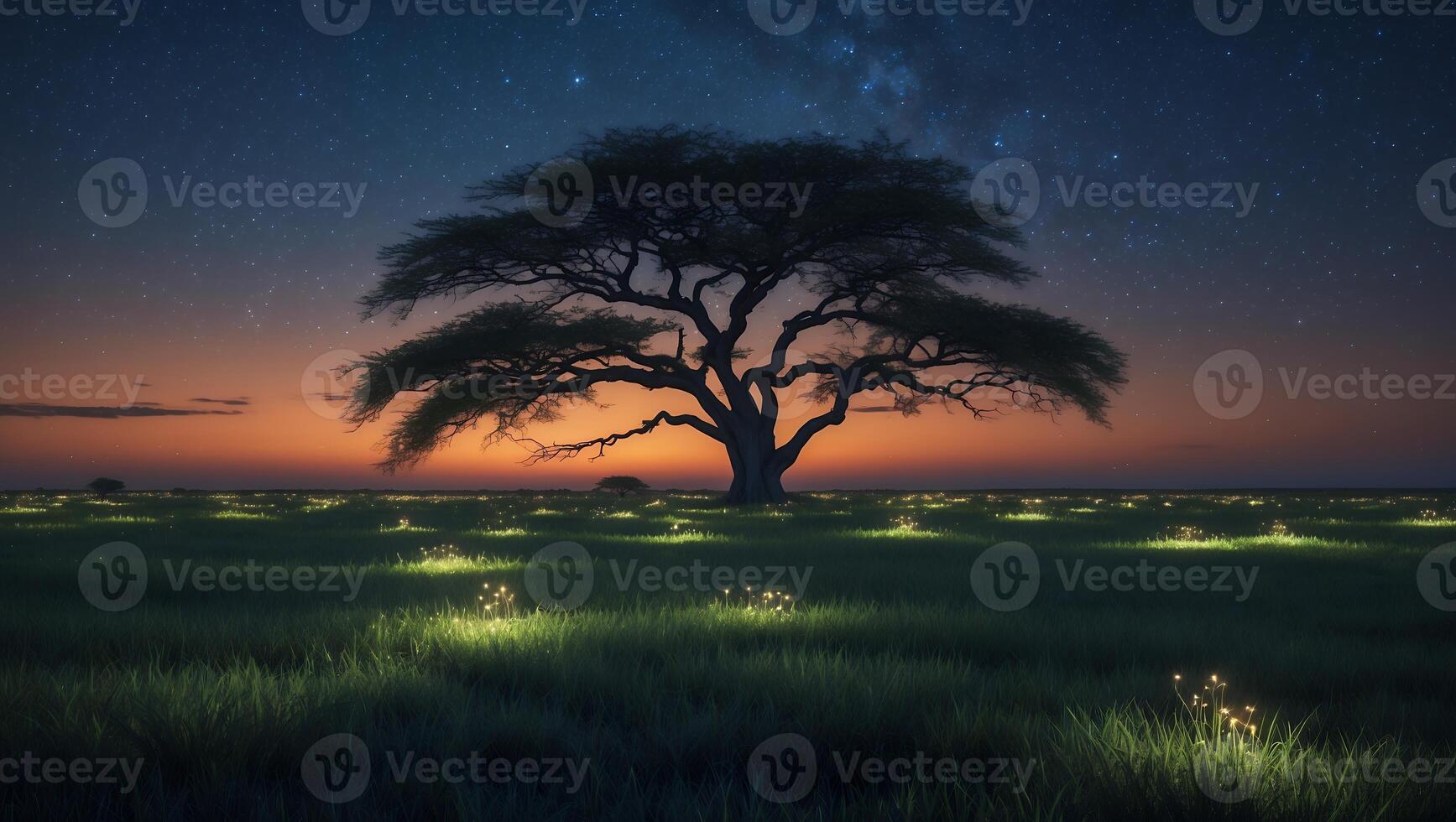 Lone Tree Standing at Night with Glowing Lights in Grassy Field photo