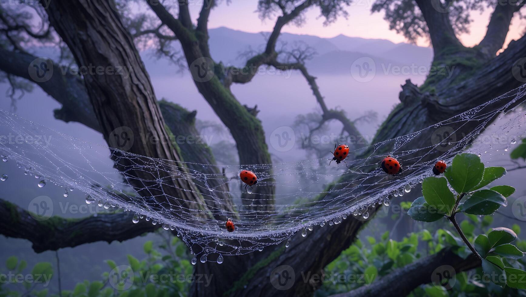 Ladybug Resting on Dew Covered Web in a Misty Forest photo