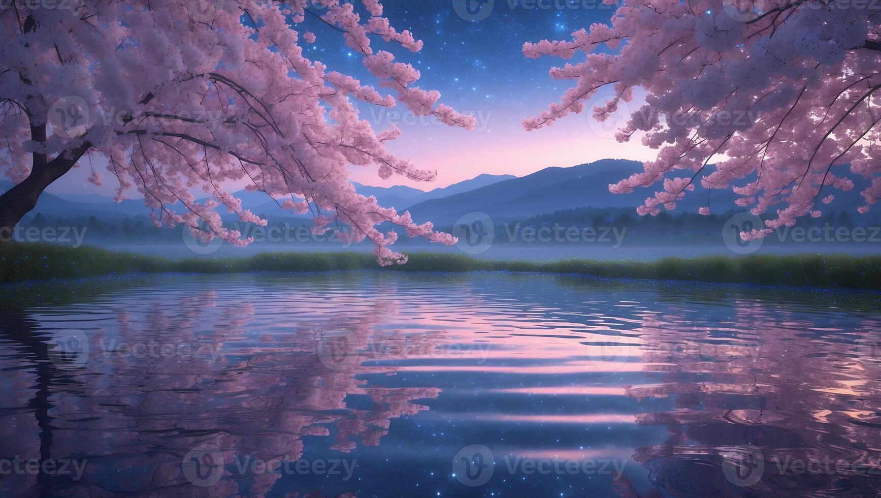 Blooming Cherry Trees Reflecting in Calm Water at Dusk with Stars photo
