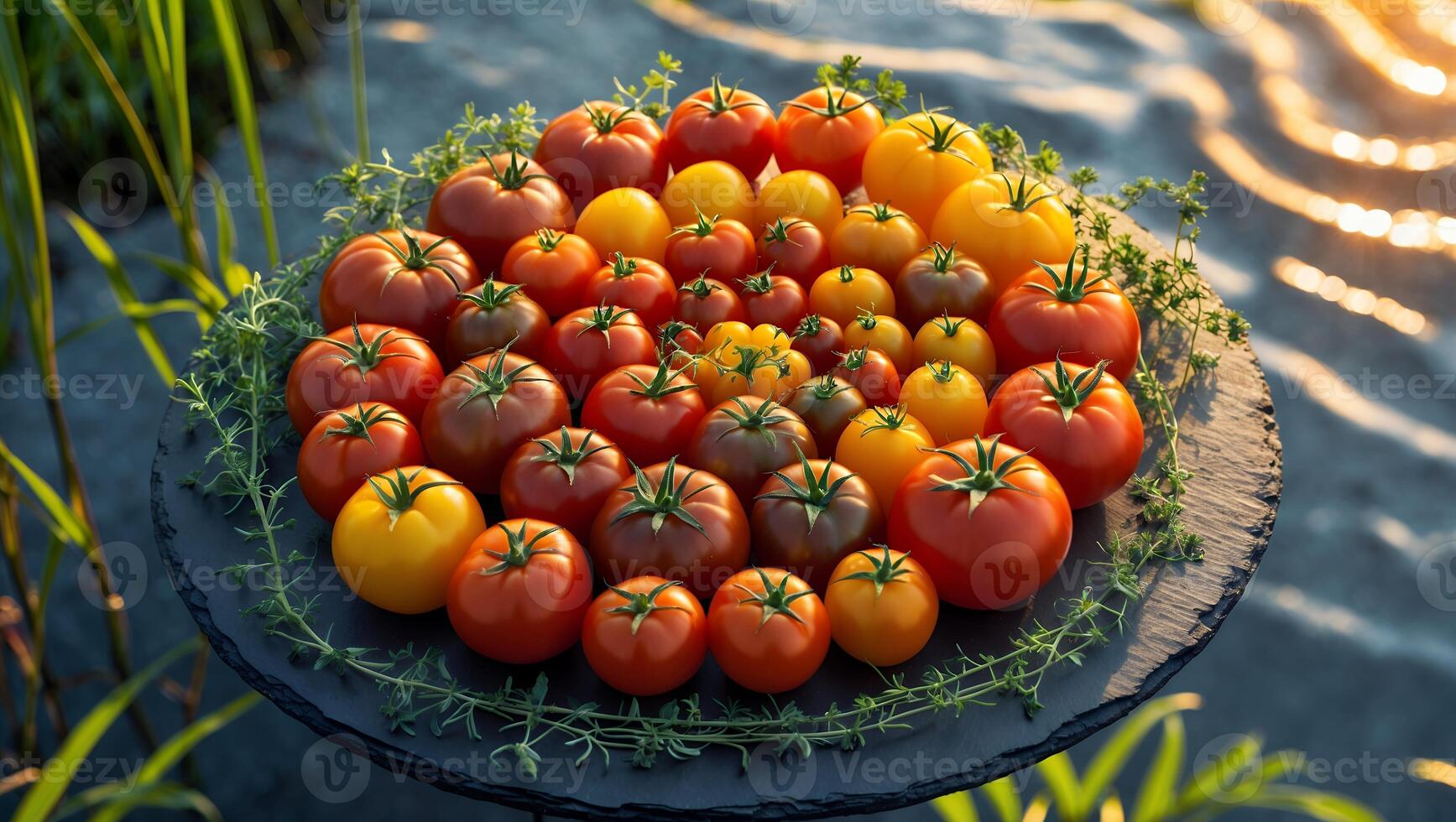 Arrangement of Fresh Tomatoes with Various Sizes and Colors on Plate photo