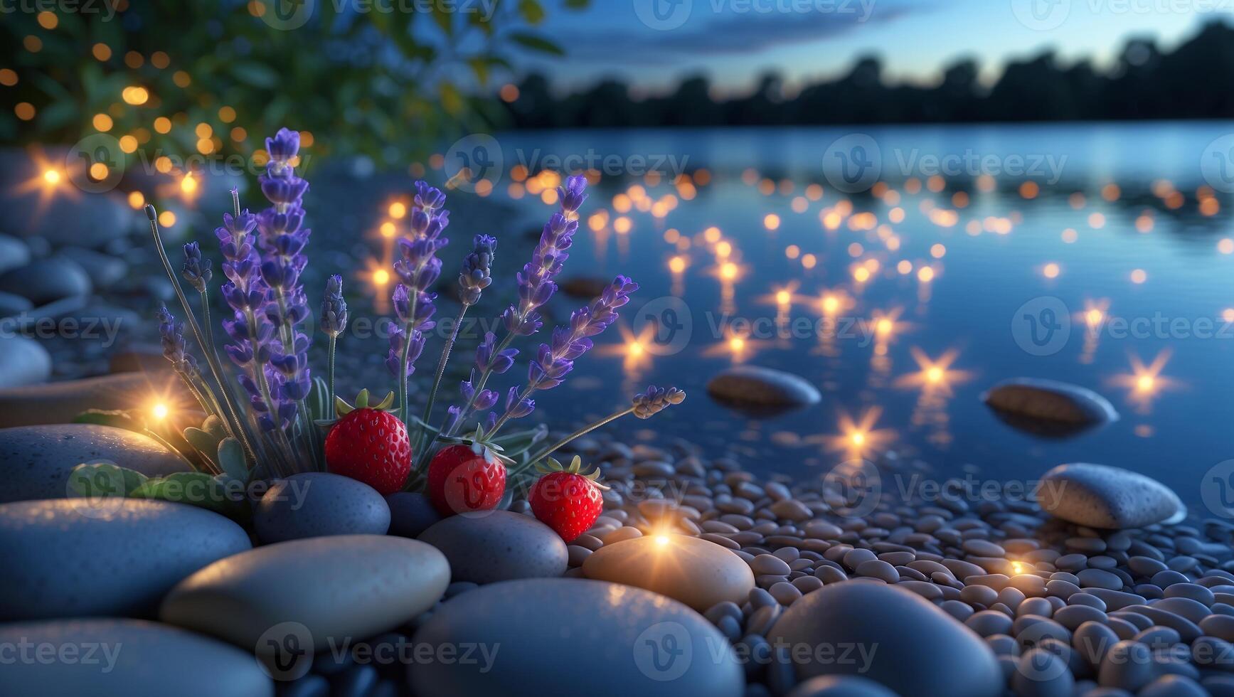 Lavender and Strawberries by Lake Shore with Glowing Lights at Dusk photo