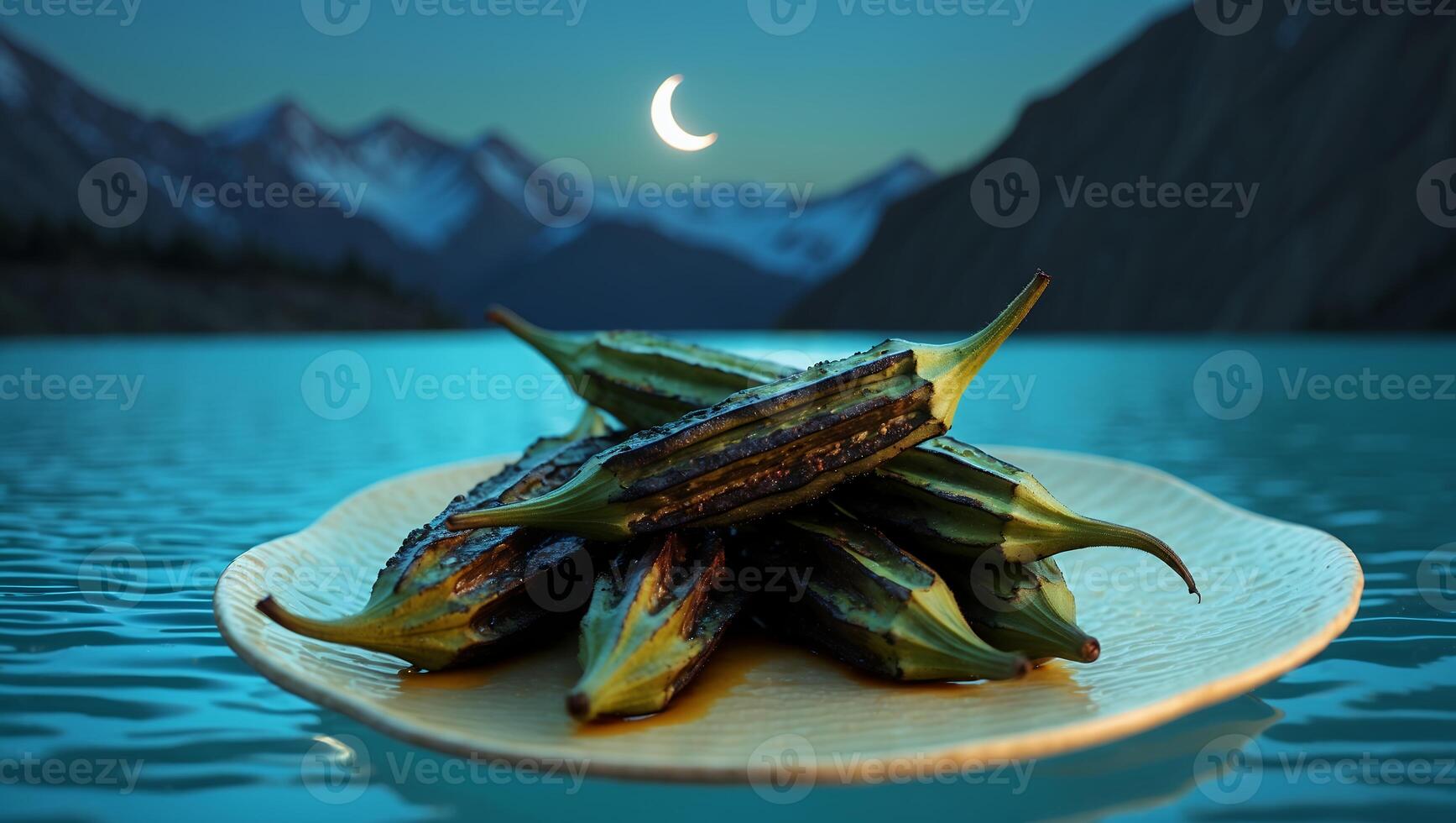 Grilled Okra Serving on Plate with Mountain Lake and Moonlight photo