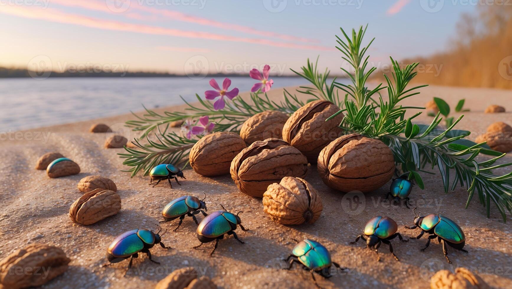 Walnuts and Beetles on the Beach at Sunset with Greenery photo