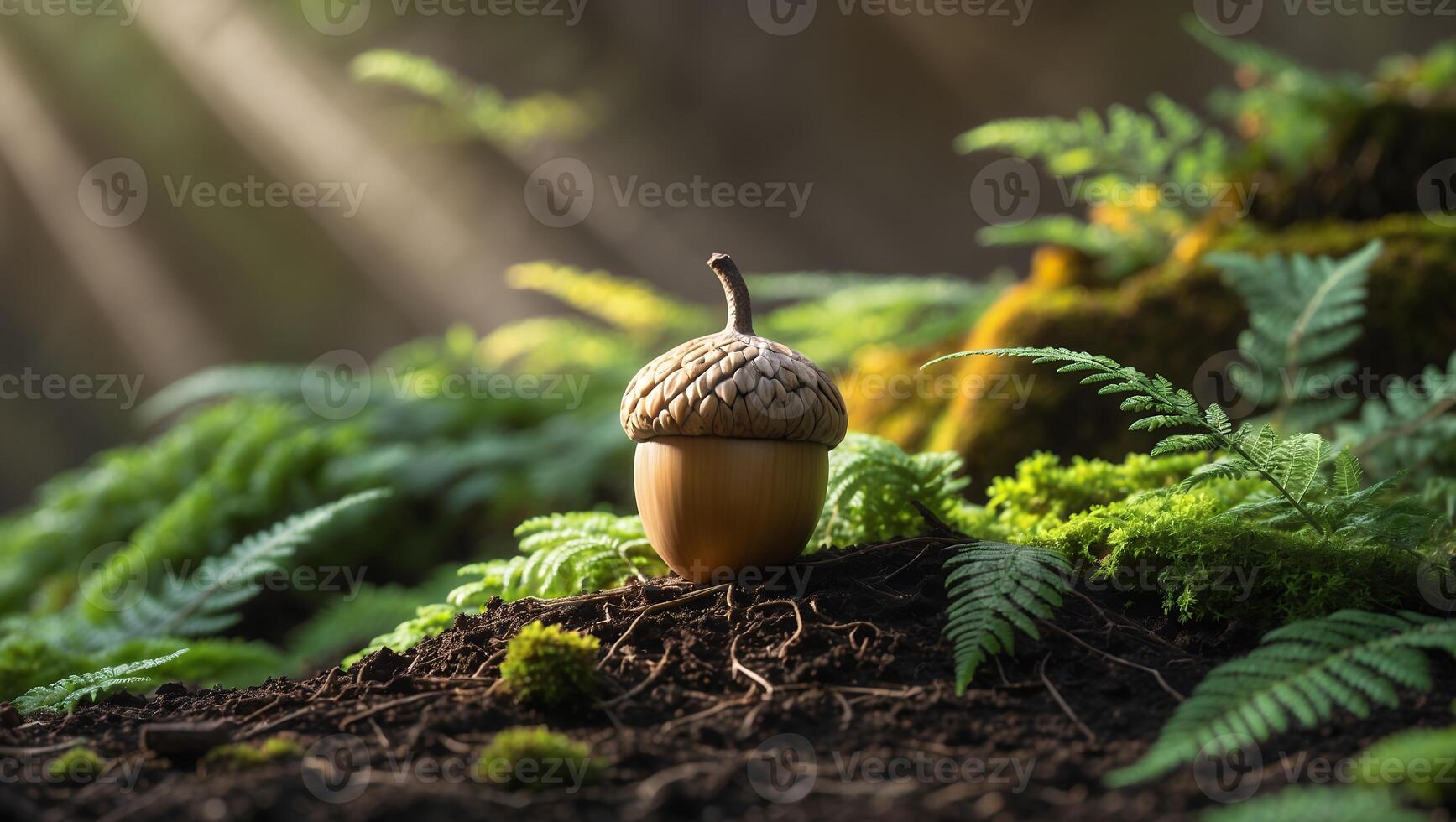 Acorn Resting on Forest Floor with Moss and Sunlight photo