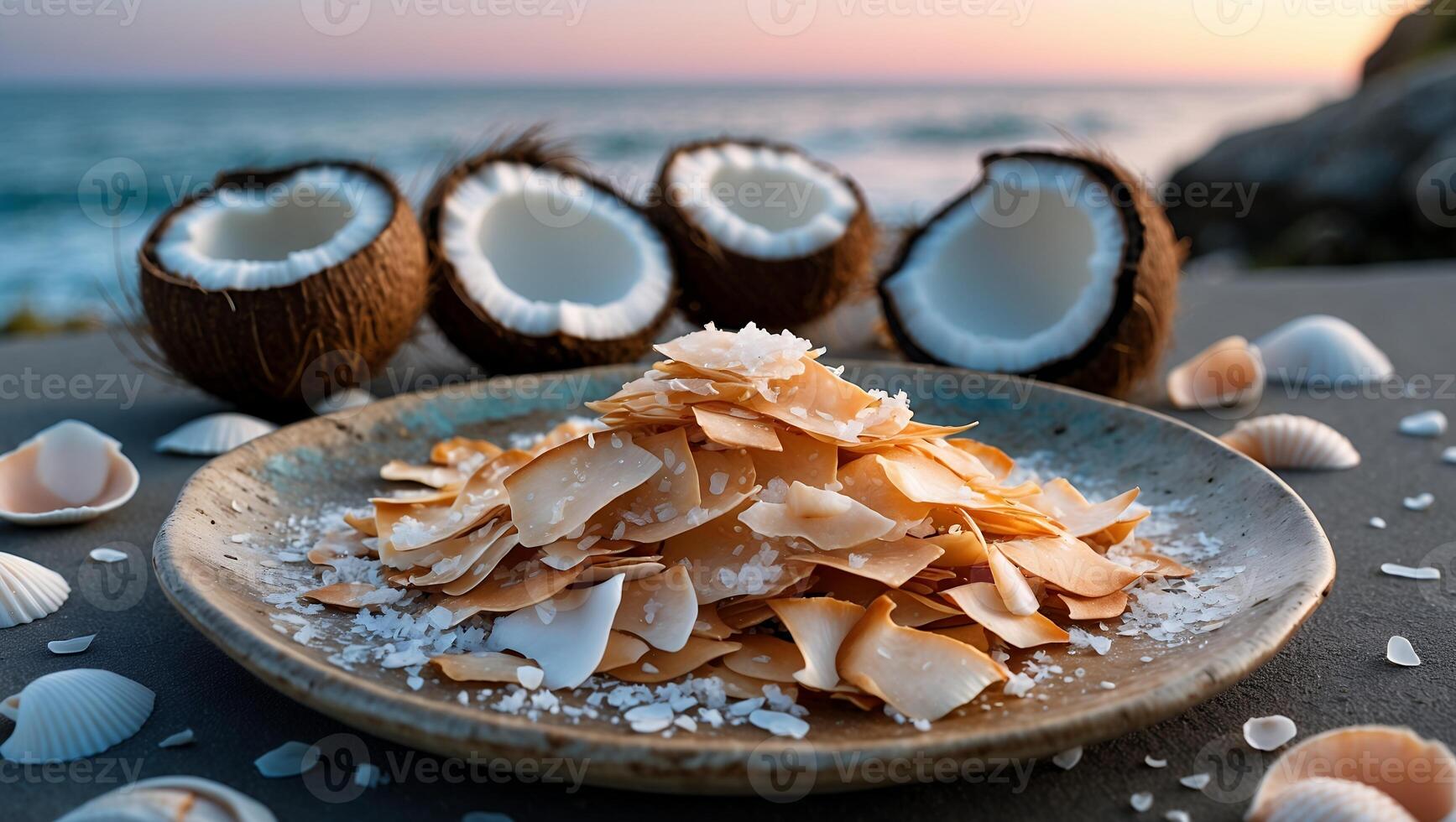 Coconut Flakes on Plate with Coconuts and Seashells Near Beach photo