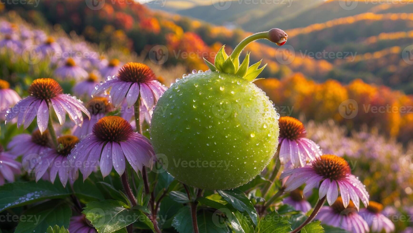 Green Fruit Among Coneflowers in a Colorful Autumn Landscape View photo