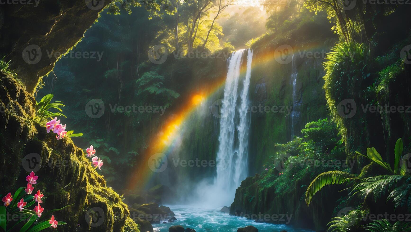 Waterfall and Rainbow in Lush Jungle Paradise with Pink Flowers photo