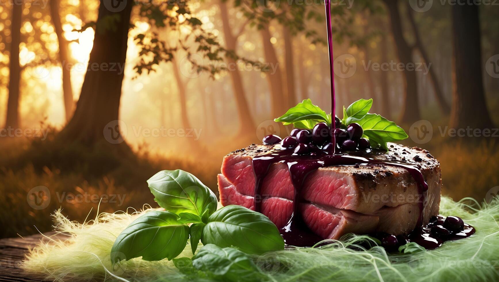 Pouring Berry Sauce Over Roasted Meat with Basil and Forest photo