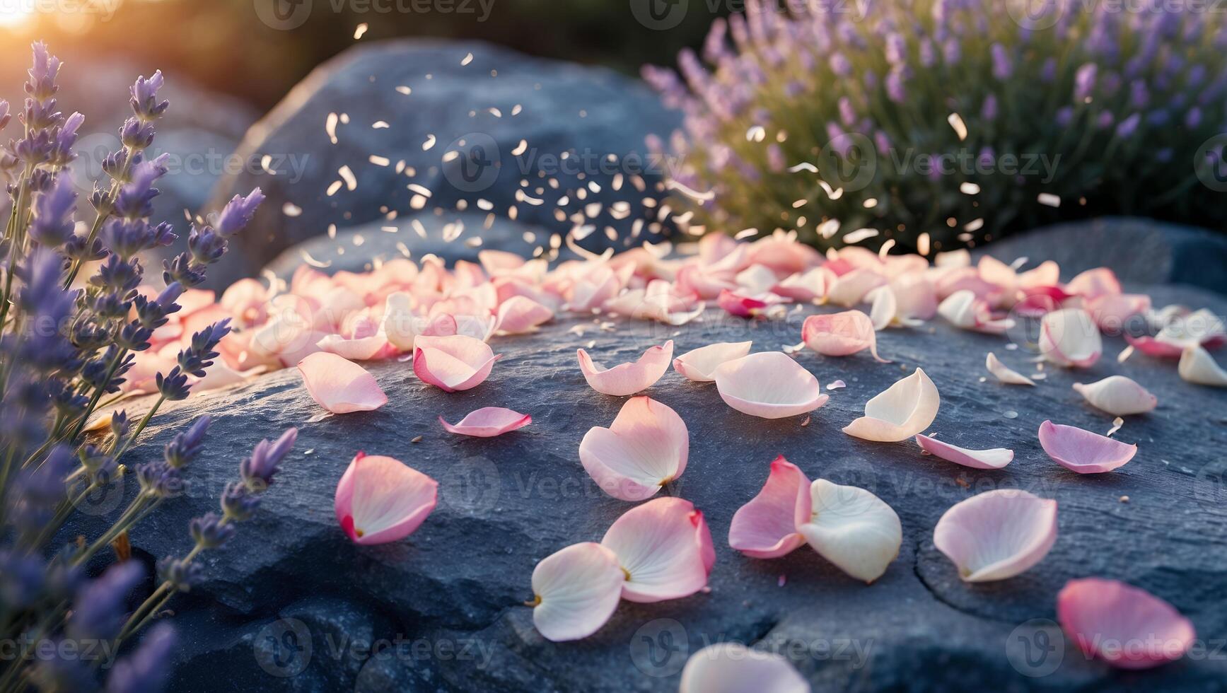 Scattering Rose Petals on Stone with Lavender in Soft Evening Light photo
