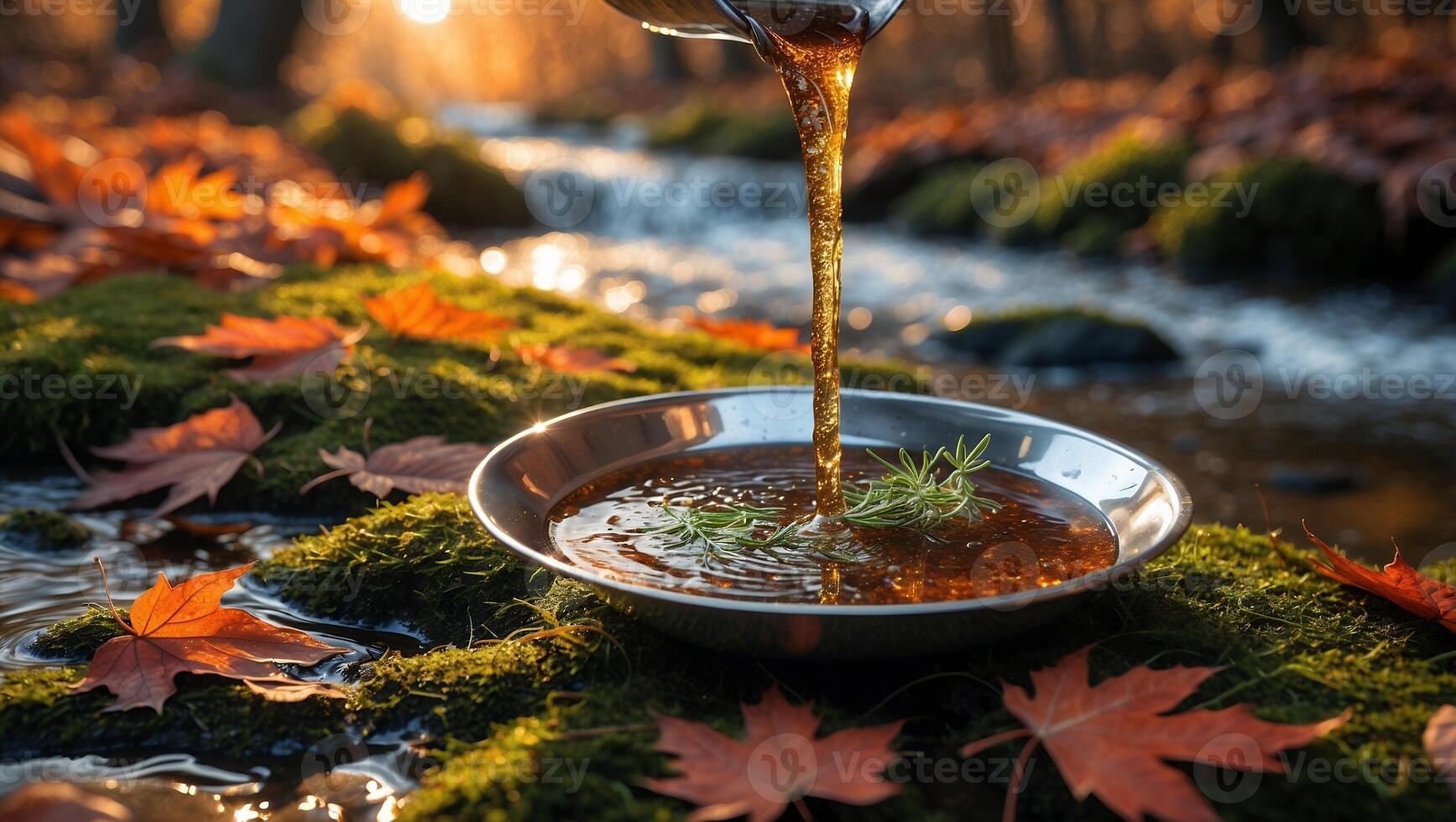 Pouring Liquid Into Dish with Autumn Leaves in Nature Setting photo
