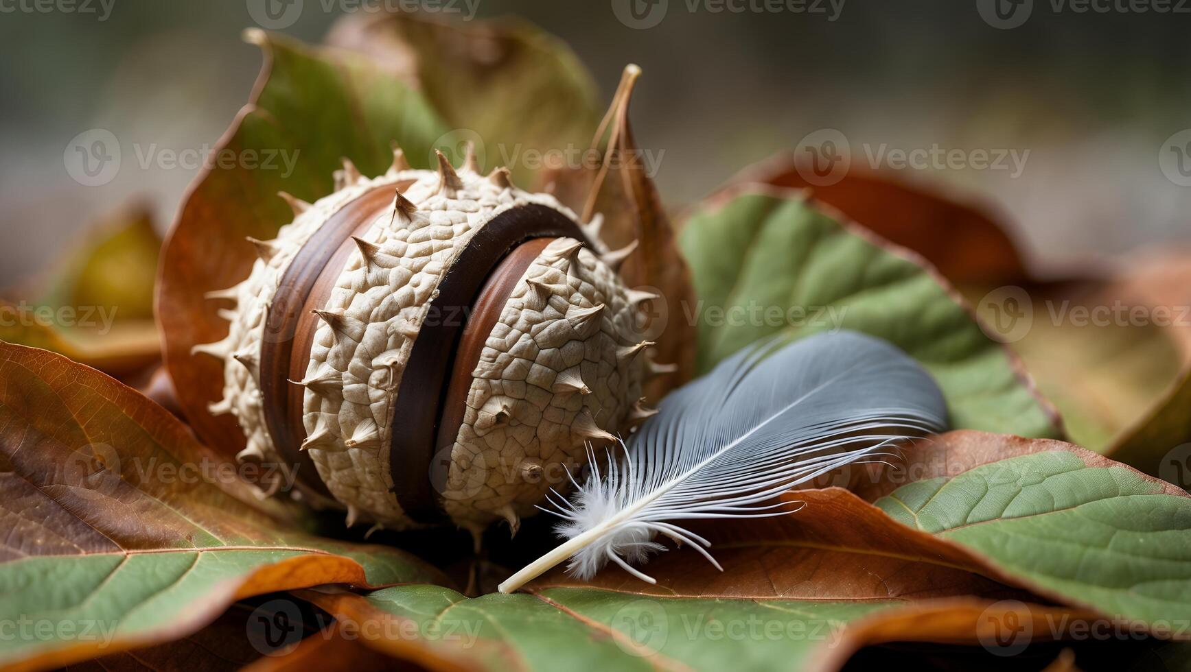 Buckeye Pod and Feather Resting on Colorful Autumn Leaves photo