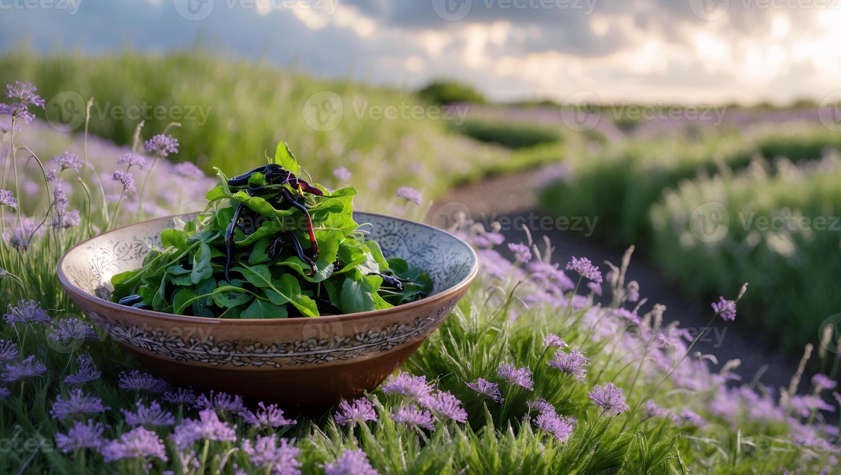 Fresh Salad Bowl in Flower Field Under Cloudy Sky at Sunset photo