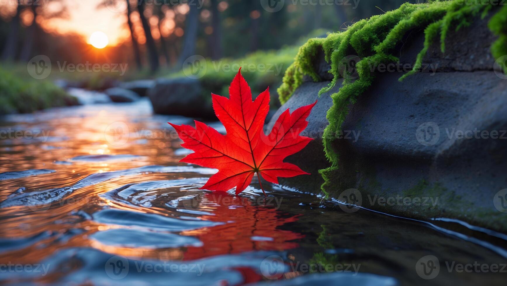 Red Maple Leaf Floating in Stream at Sunset with Mossy Rock photo