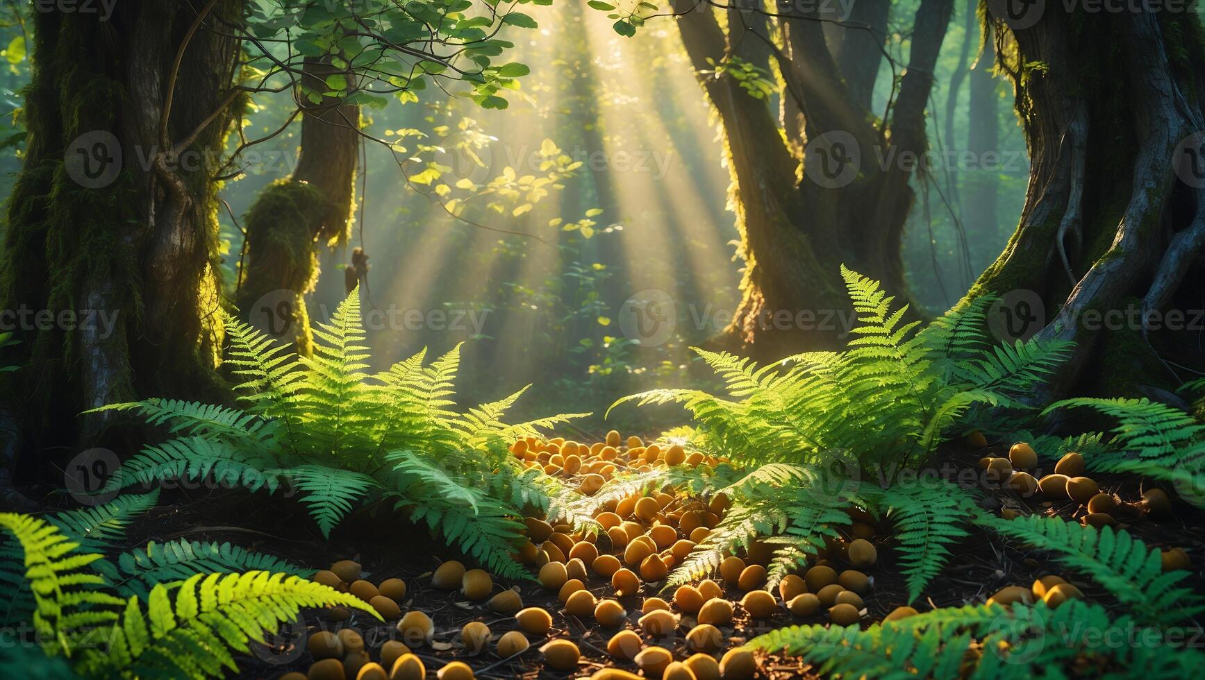 Sunbeams Through Forest with Ferns and Round Brown Objects on Ground photo