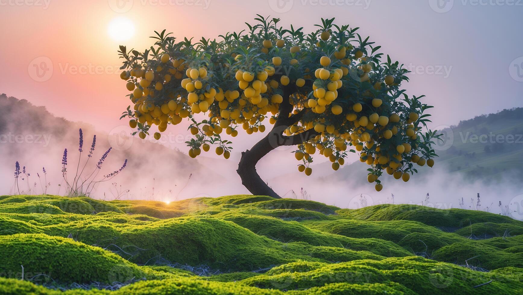 Tree with Yellow Fruit on Mossy Hills at Sunset in Fog photo