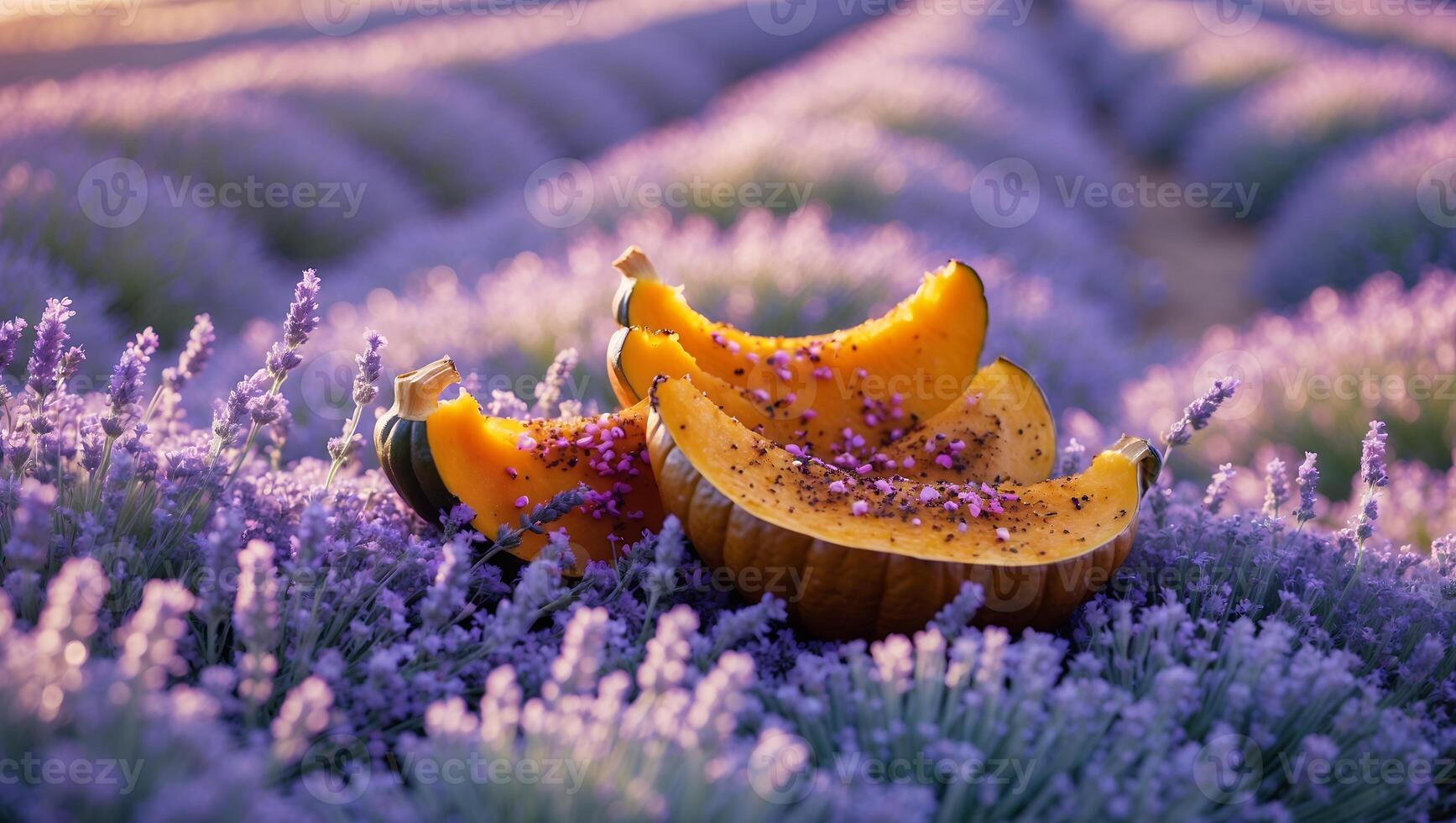 Pumpkin Slices Resting on Lavender Field During Golden Hour photo