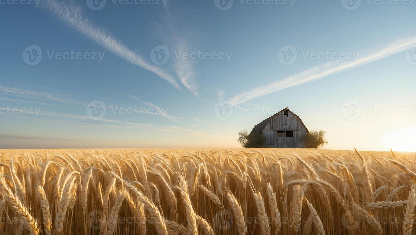 Golden Wheat Field with Distant Barn Under a Sunny Blue Sky photo