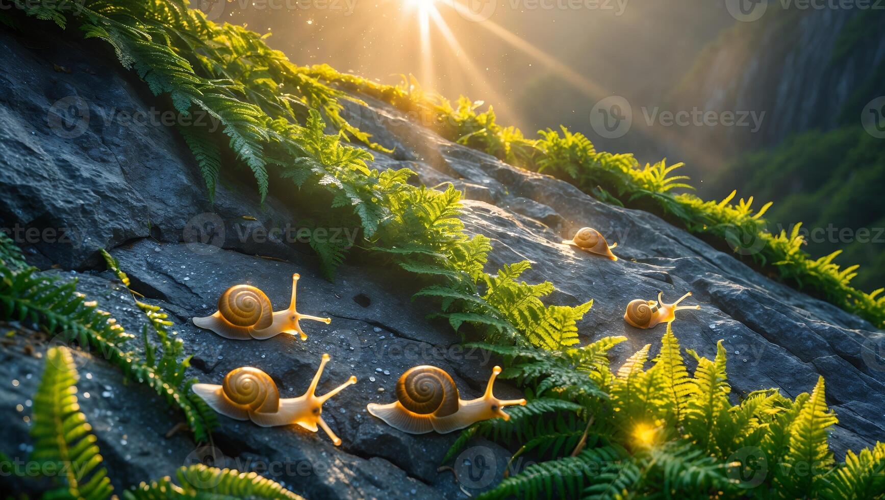 Snails Crawling on Rock with Ferns in Golden Sunlight Setting photo