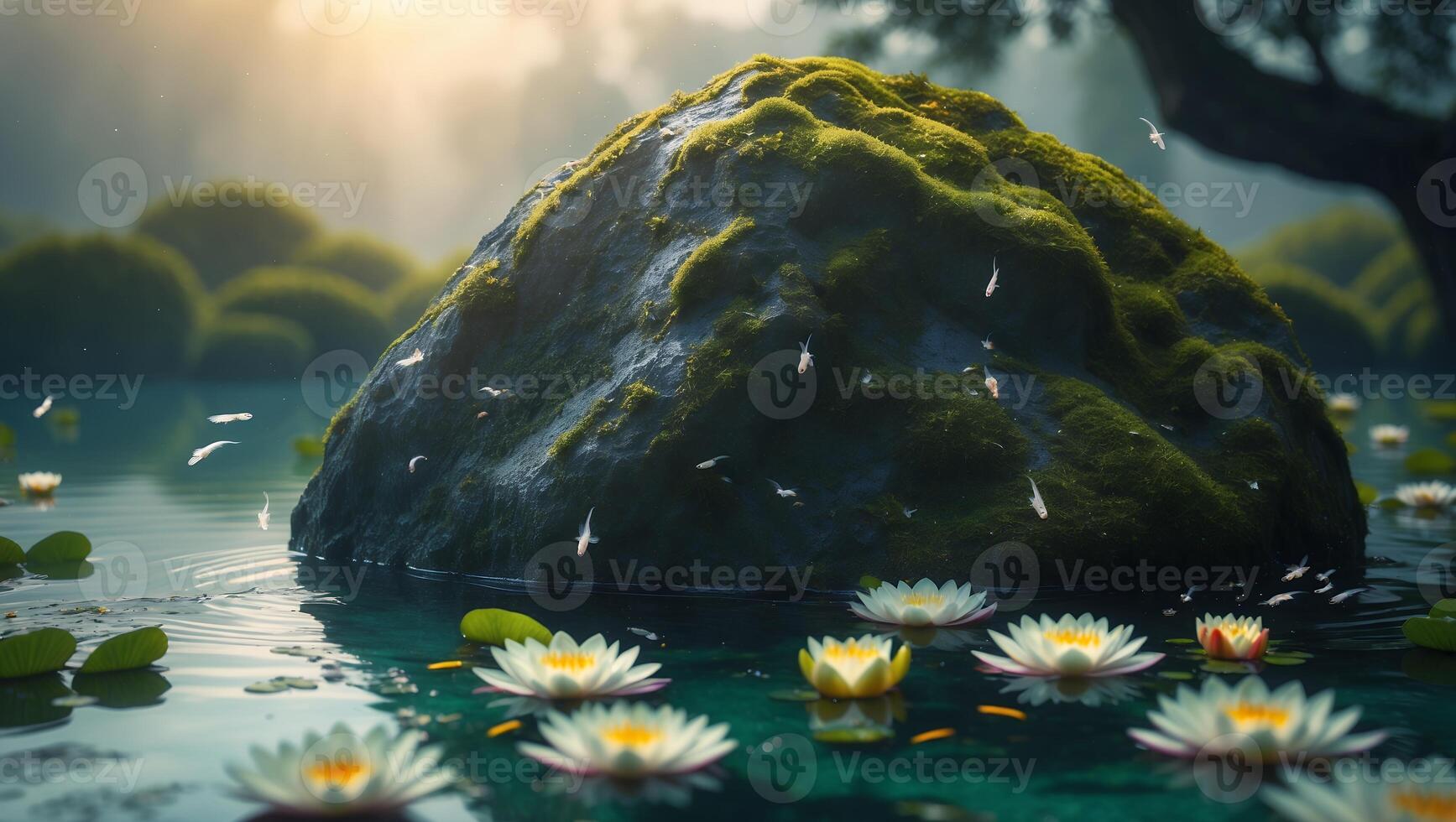 Mossy Rock in Calm Pond with Lily Pads and Floating Particles photo