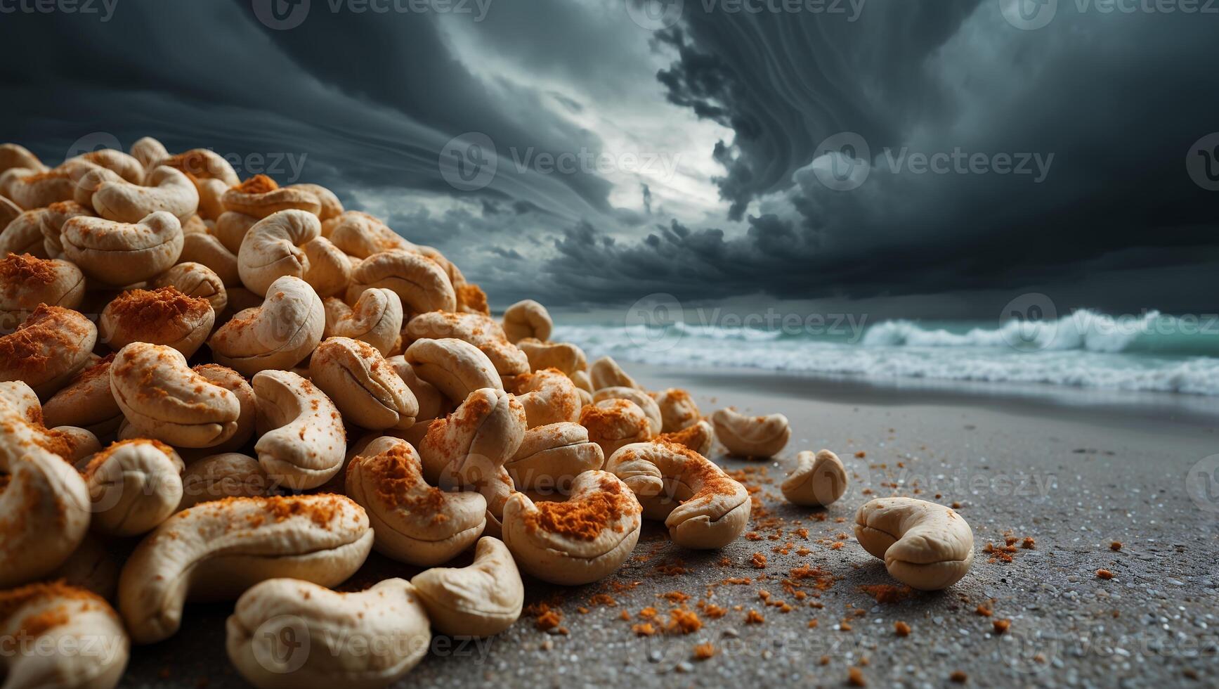 Pile of Cashews with Spice on Beach with Stormy Sky photo