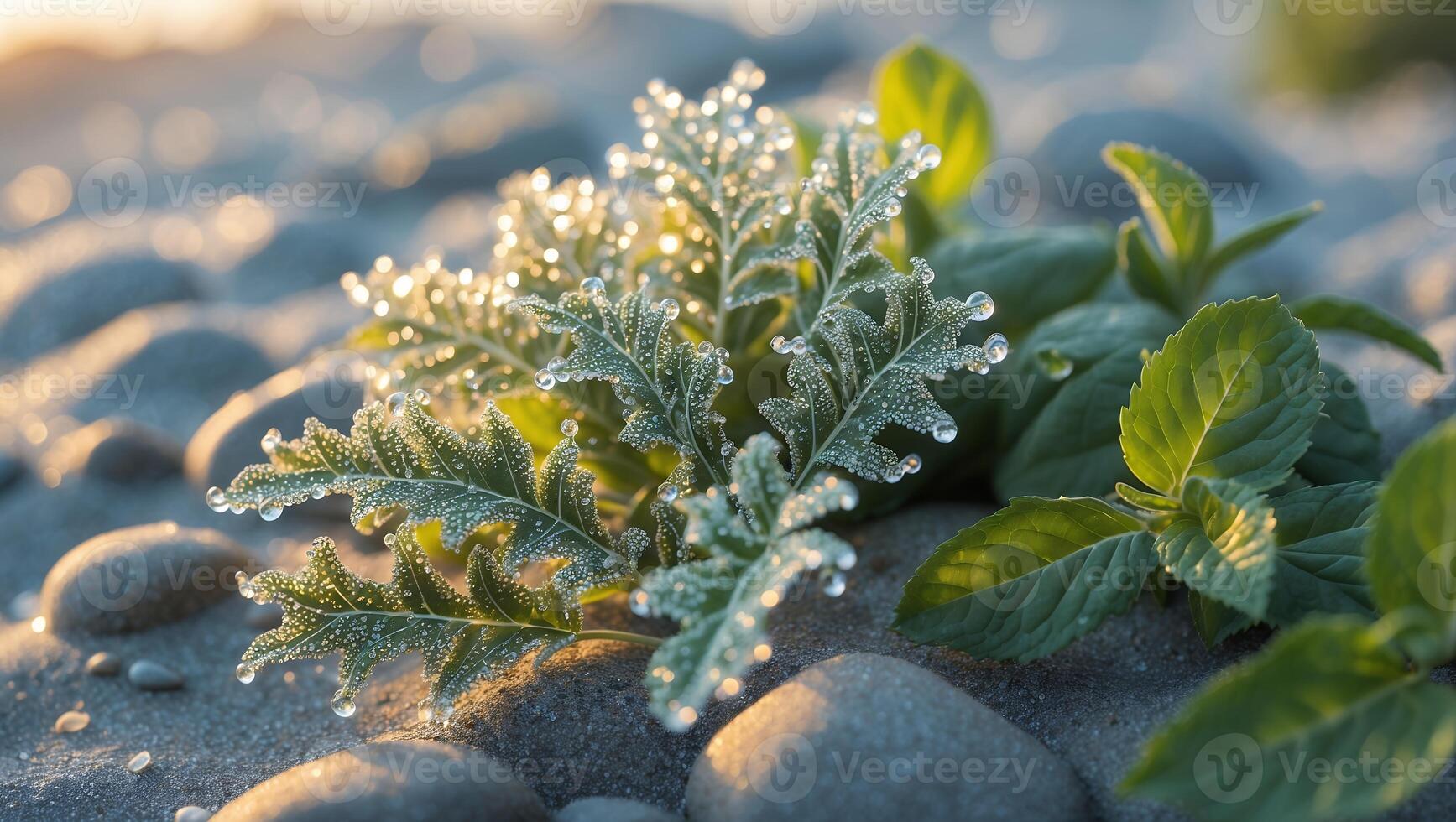 Morning Dew Drops on Green Plants and Beach Stones Nature Scene photo