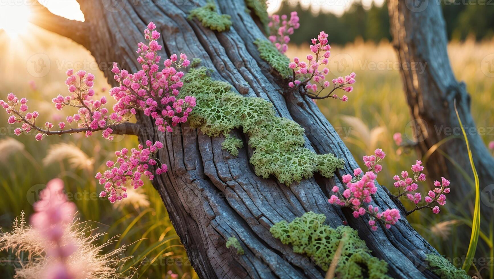 Pink Flowers and Moss Growing on Fallen Tree Trunk at Sunset photo