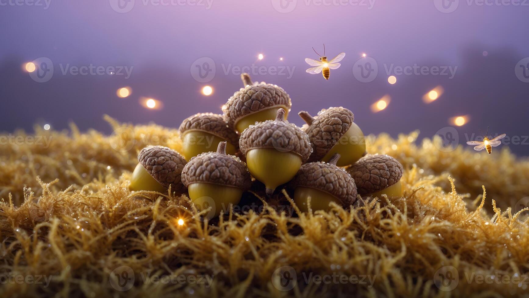 Pile of Acorns with Fireflies on Mossy Ground at Dusk photo