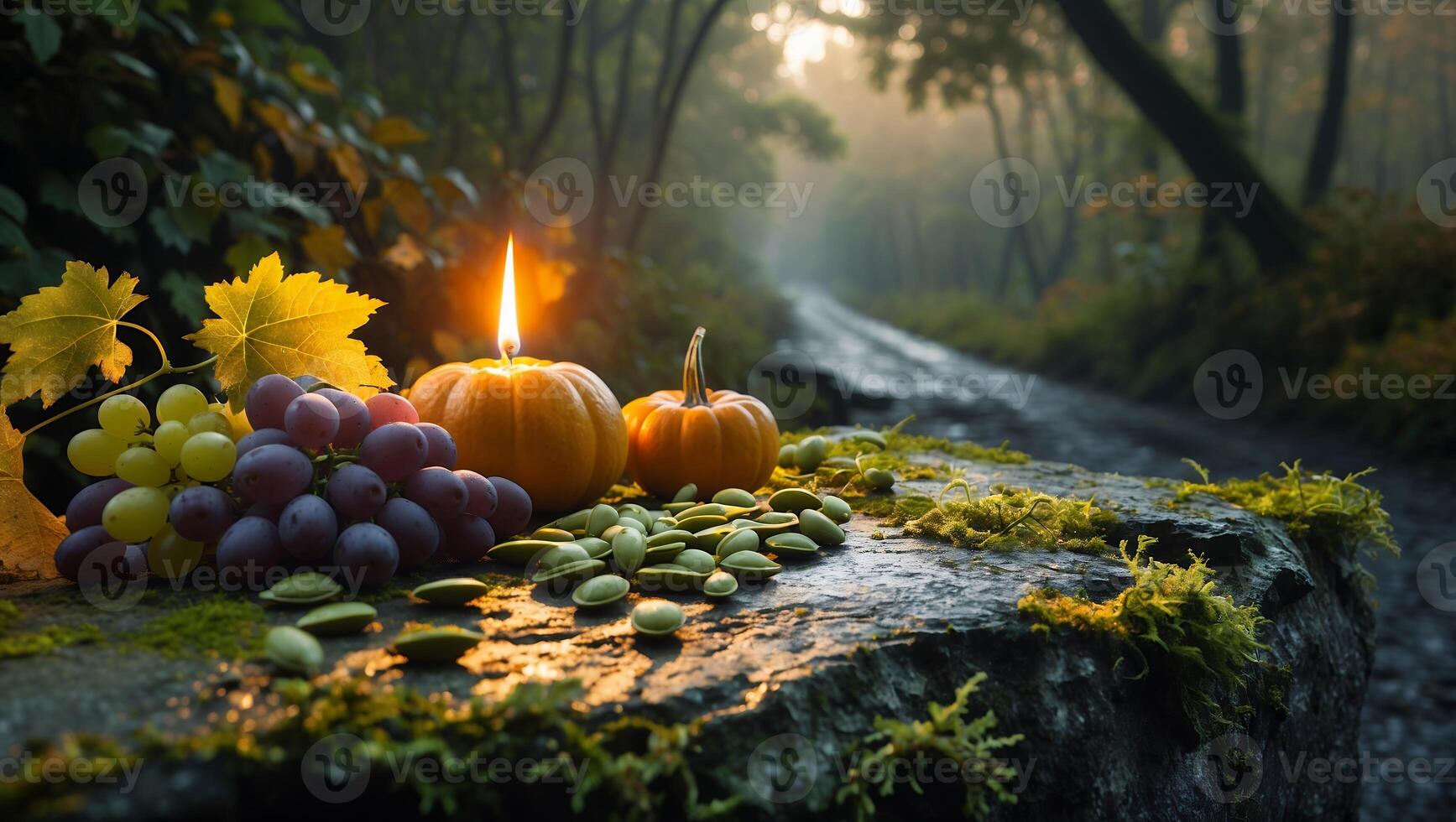 Grapes Pumpkins and Candle on Mossy Rock in Misty Forest photo