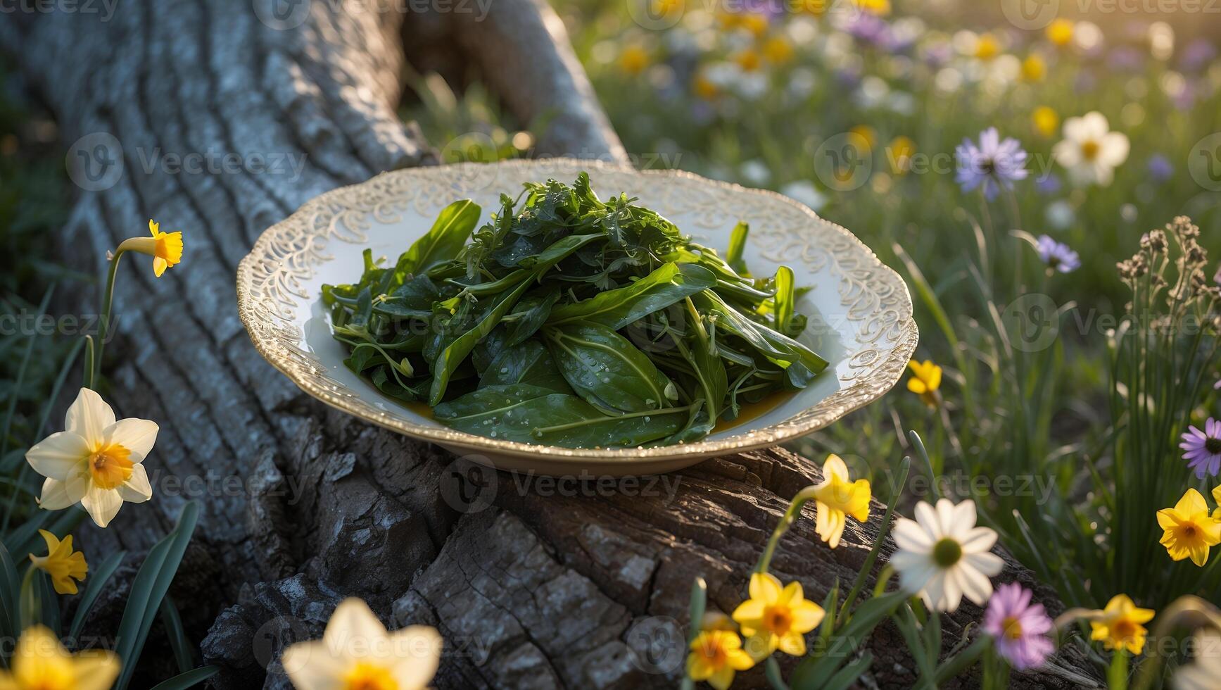 Serving Fresh Greens on a Rustic Log Surrounded by Wildflowers photo
